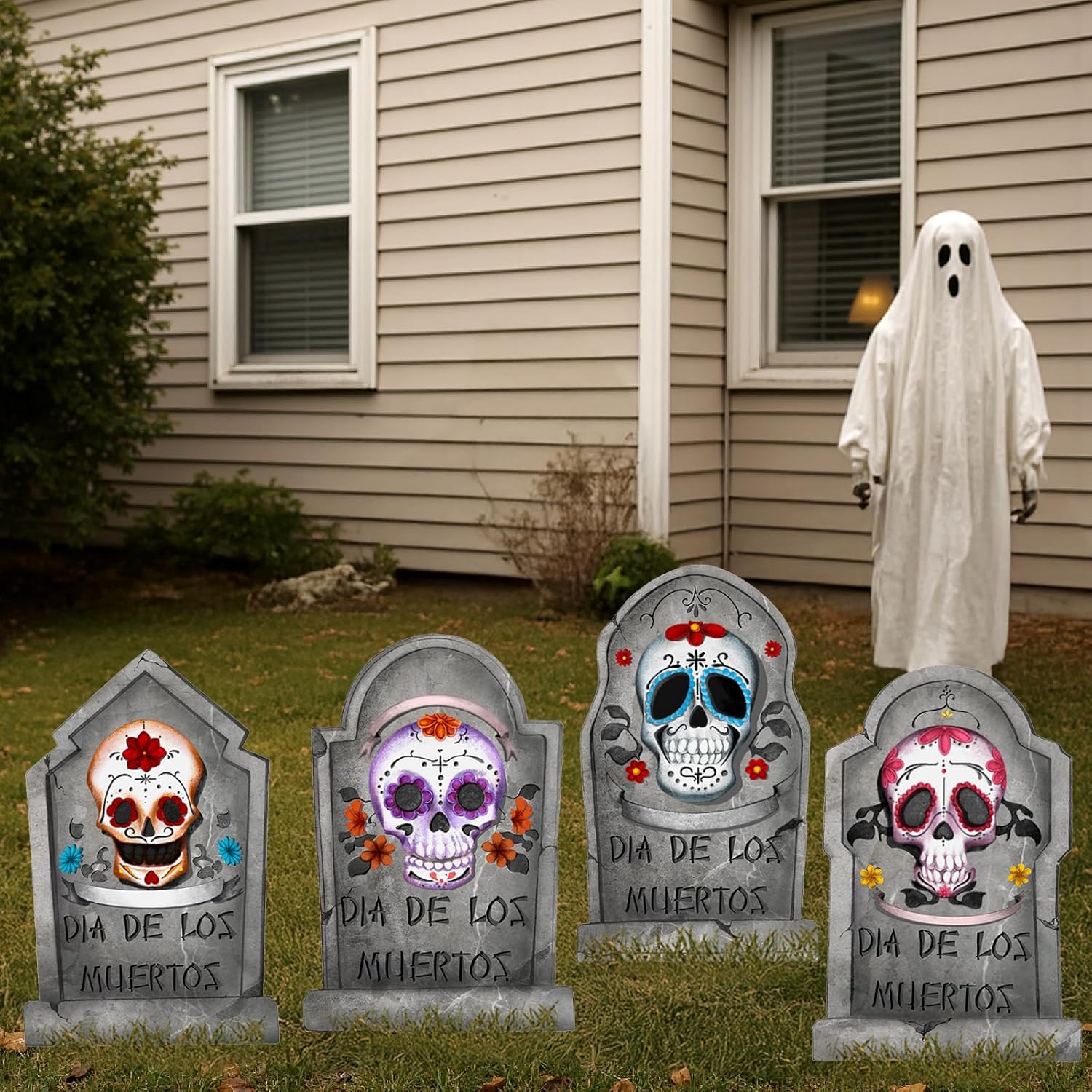 Halloween Decorations Outdoor Graveyard Tombstones: 4ct Large Tombstone Halloween Decor, Dia De Los Muertos Yard Signs with Stakes, Skeleton Gravestones Day of The Dead Decorations, Yard Lawn Outside - Image 5
