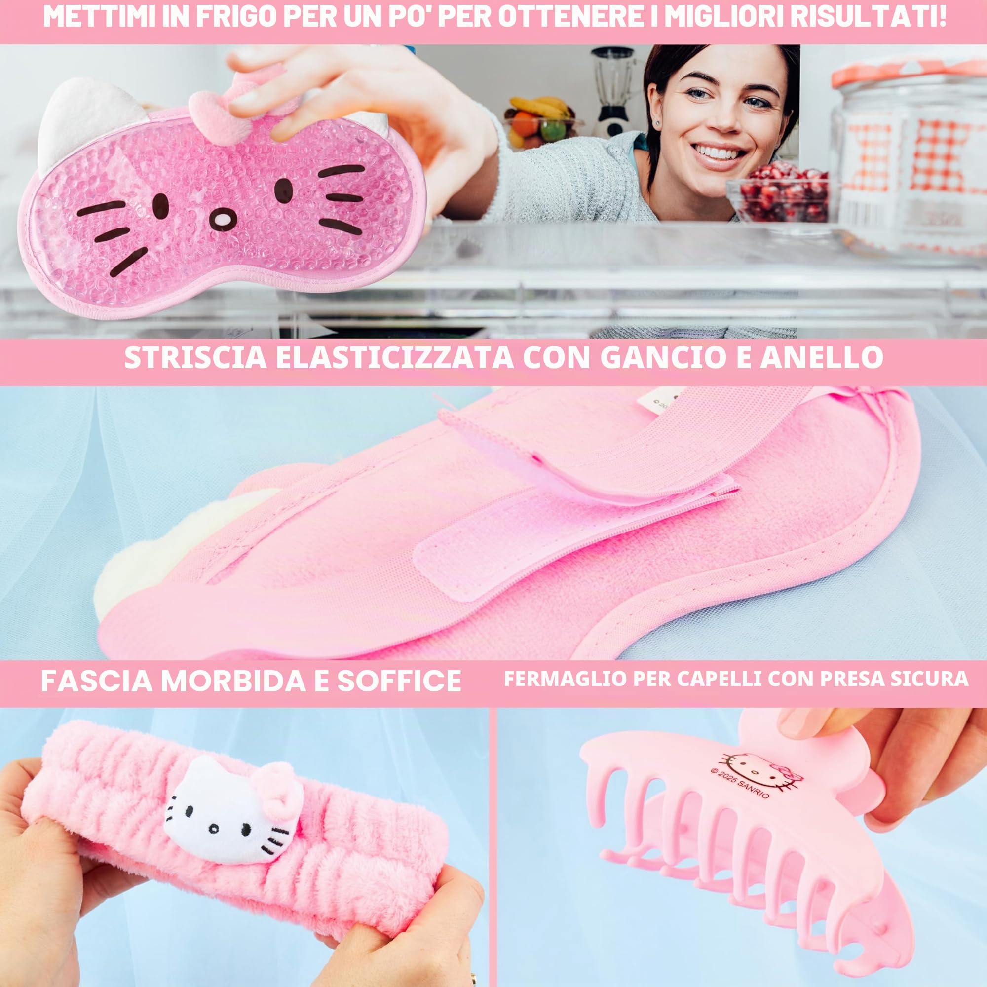 Hello Kitty Sanrio Maschera Occhi Gel Freddo Set Beauty Accessori, Kawaii Fermagli Capelli Fascia Capelli, Coccole Anime Regalo Donna Adolescenti (Rosa Hello Kitty)
