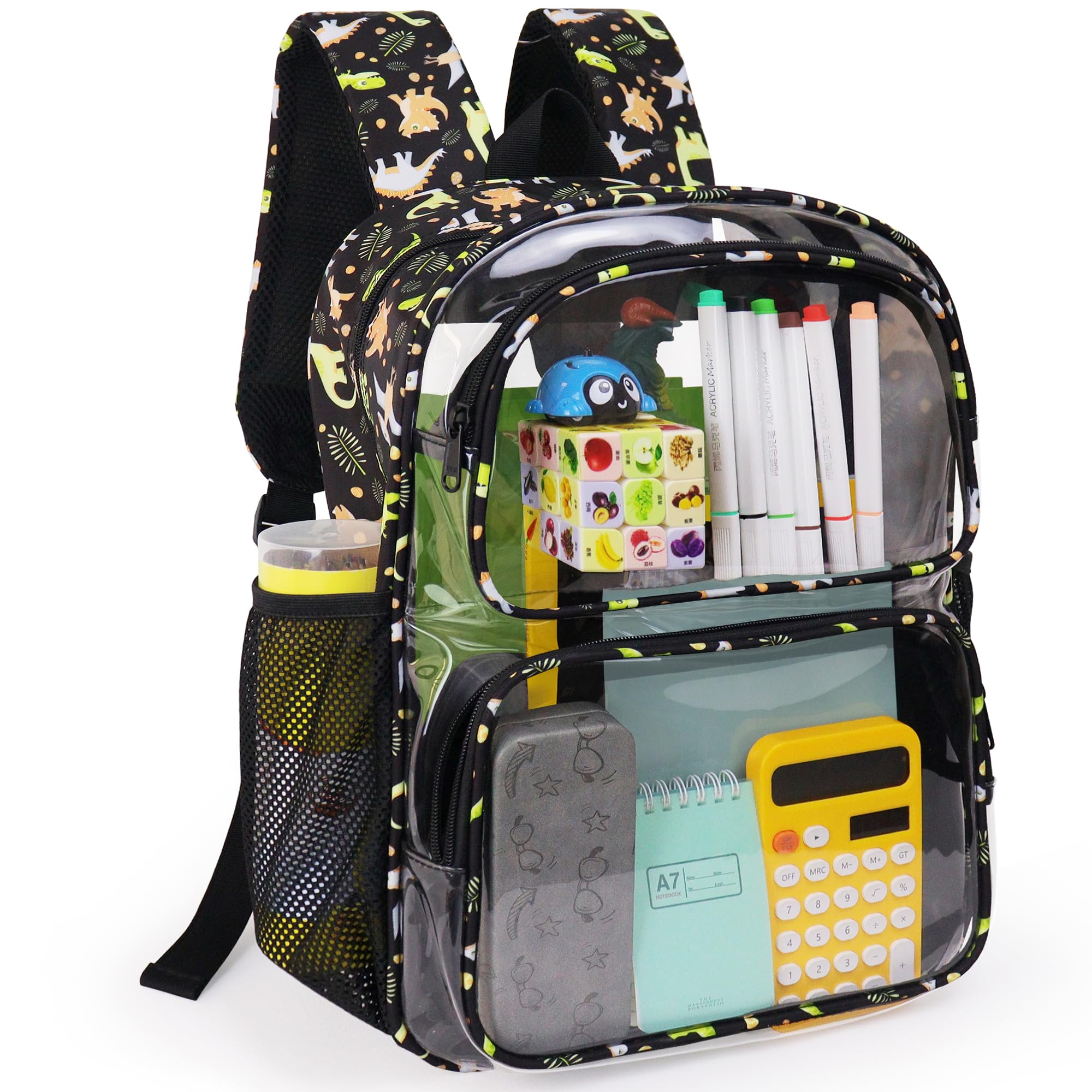 GiMiUiTo Clear Backpack,16'' Clear Backpack for Boys Heavy Duty School Backpacks See Through Bookbag for Kids 4 to 8,Black Dinosaur