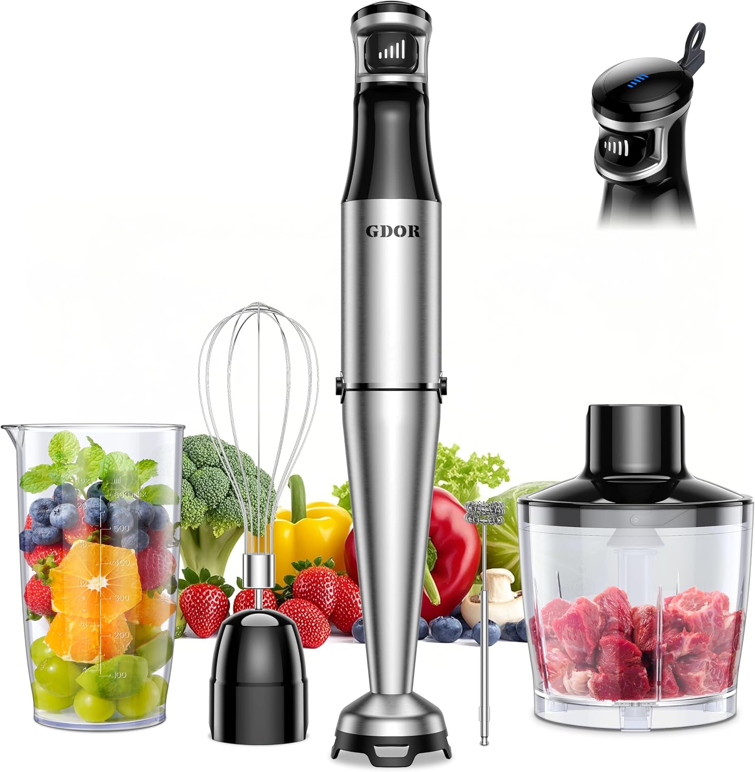 GDOR 1100W Pürierstab, 5 In 1 Stabmixer Edelstahl, Stufenlos Geschwindigkeitseinstellung Hand Blender Mit 2 Schneebesen, 800ml Messbecher, 600ml Häcksler