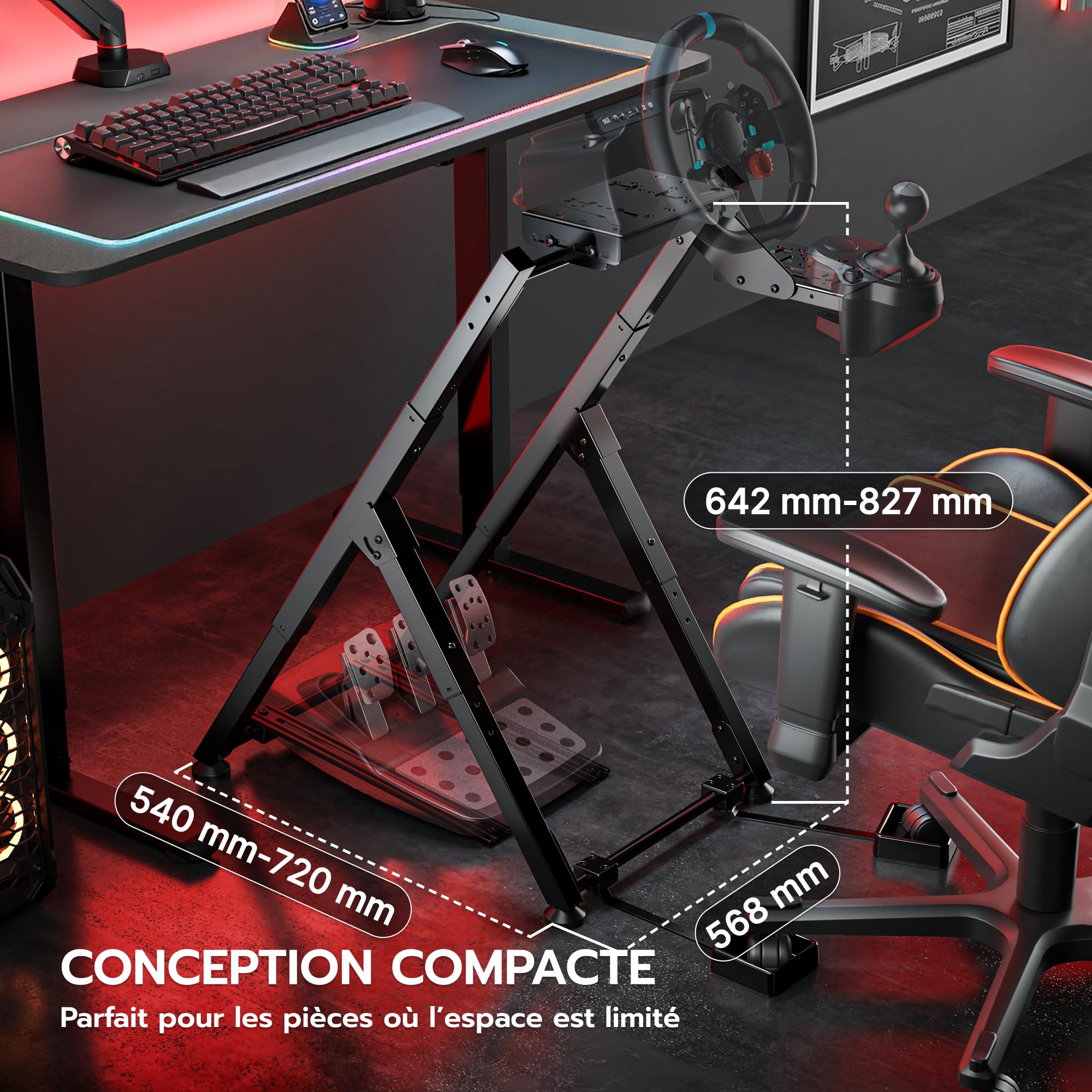 ARES WING Soporte plegable para volante Sim Racing con ranura para asiento | COMPATIBILIDAD AMPLIA: Compatible con Logitech G29, G920, G923, Fanatec, Thrustmaster, Moza y Simagic