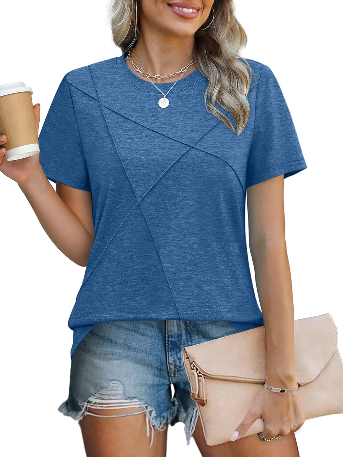 XIEERDUO Womens Summer Tops 2026 Pleated Round Neck Short Sleeve Shirts Business Casual - Image 2