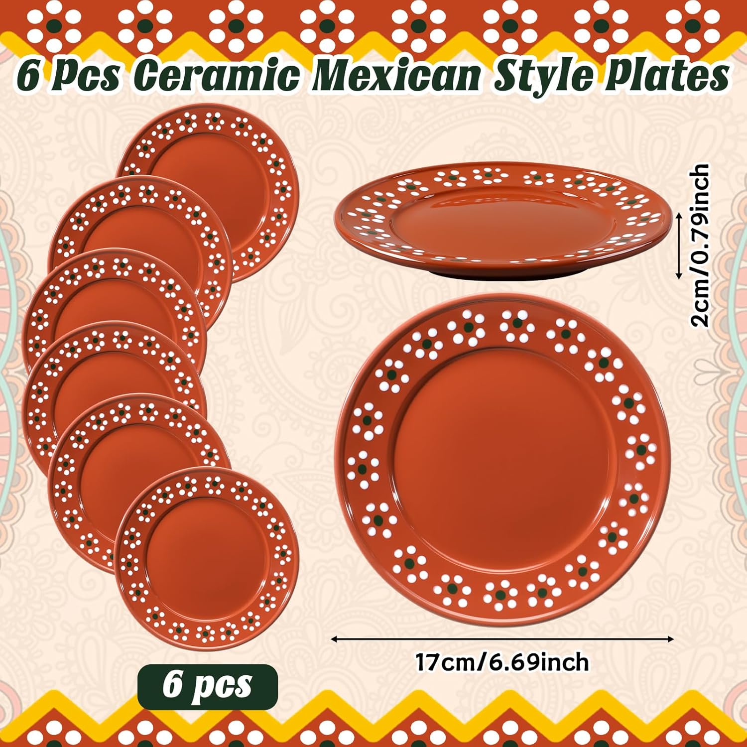 6 Pcs Mexican Talavera Pottery Plates - Folk Hand Painted Terracotta Art Dinnerware, Ceramic Display Plate for Mexican Decor, Cinco De Mayo Party Supplies, Ofrenda Gift for Art Lover(Round)