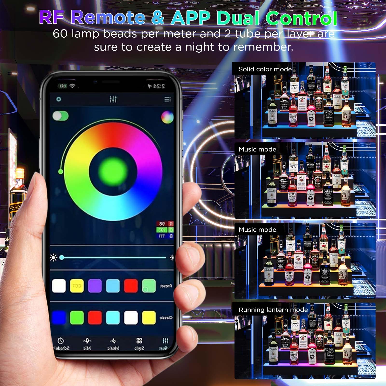 Dethan 3 Tier 30 Inch LED Lighted Liquor Bottle Display Shelf - Wall-Mounted Wine Rack with Multi-Color App & Wireless Remote Control, Adjustable Brightness & Sound Modes, Acrylic Bar Shelves Displays