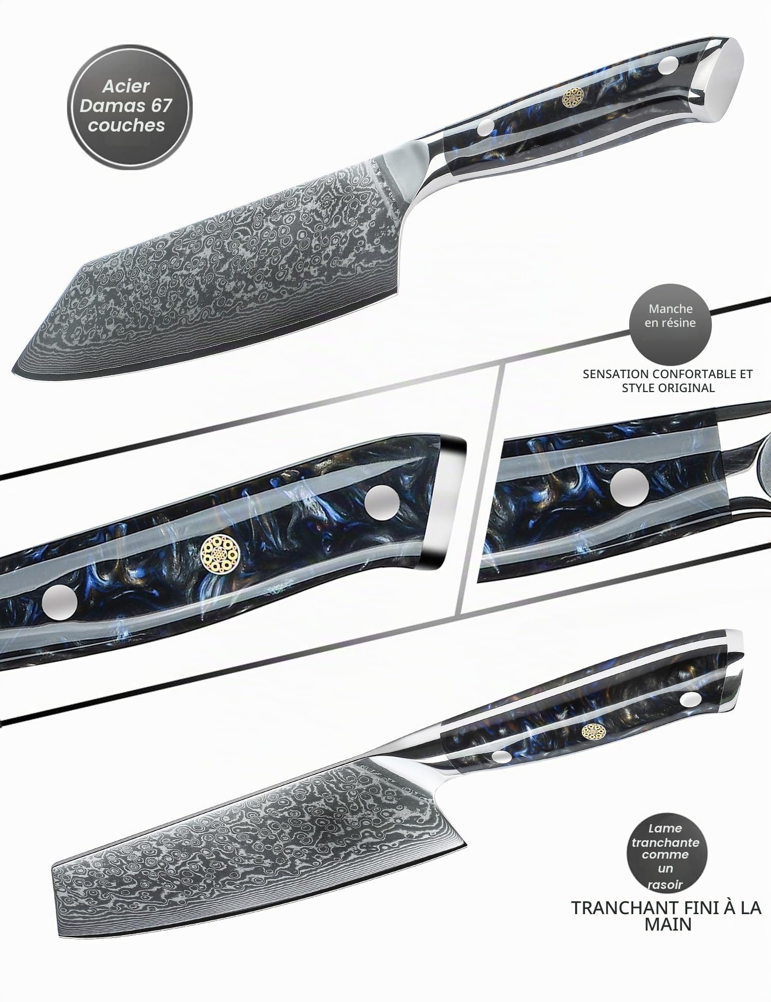 Damas Couteau Nakiri avec Lame 19 cm Professionnel Couteaux de Cuisine en VG-10 67 Couche Damas Acier avec Poignée en Résine(Noir étoilé) - Xuan Série