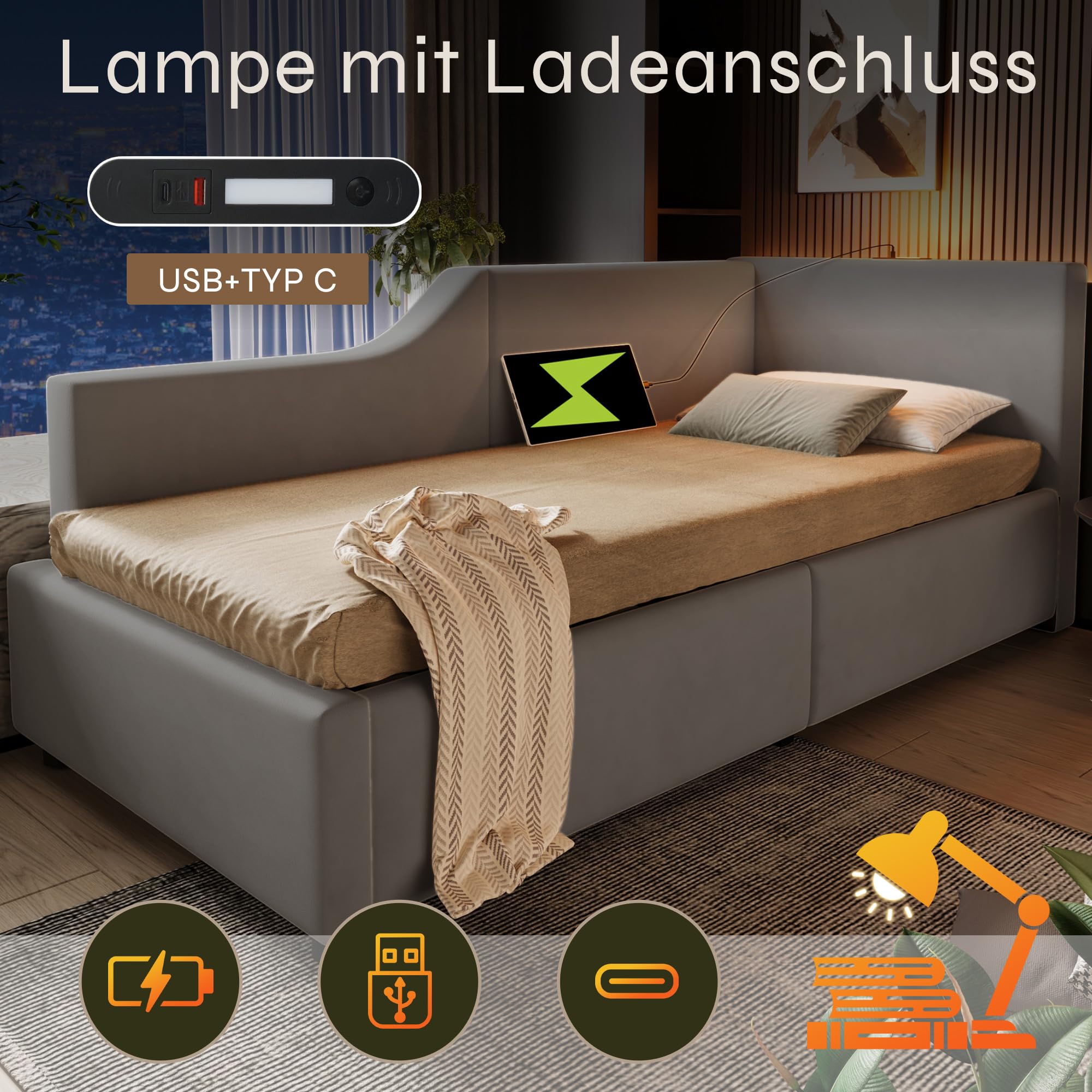 Letto Singolo con Contenitore 90x190 cm con luce di lettura e USB Type C,divano letto con spazio idraulico, Letto imbottito con Testiera, Letto con rete a doghe, Struttura Letto Singolo