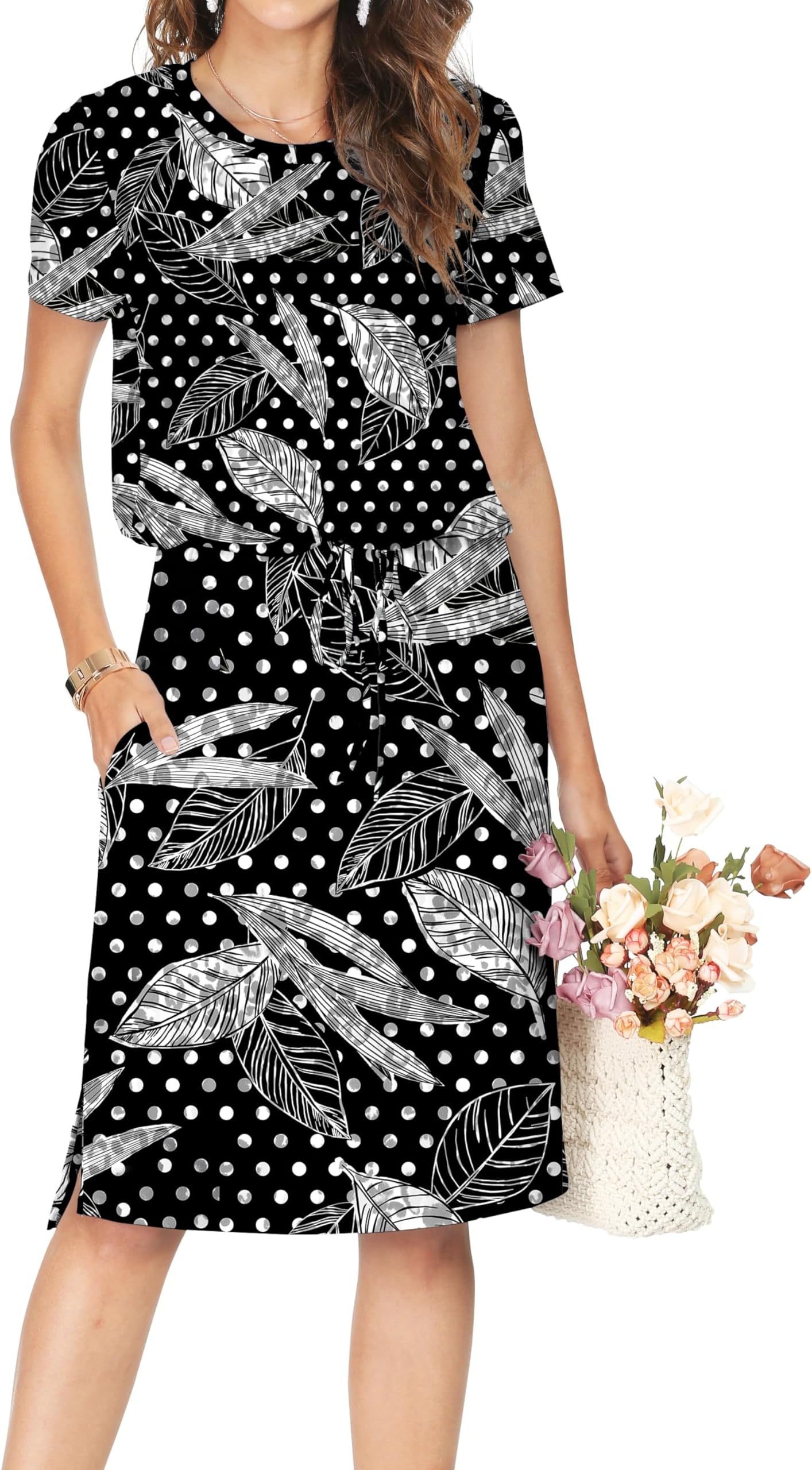 Women Summer Short Sleeve Hide Belly Midi Casual Dress Polka Dots Black XL