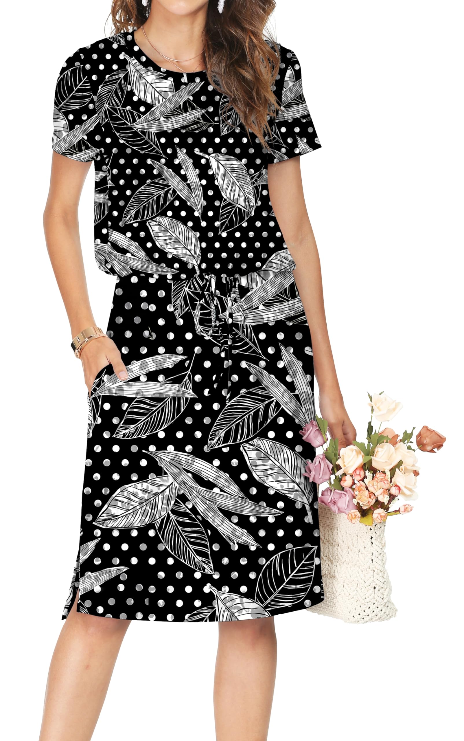 Women Summer Short Sleeve Hide Belly Midi Casual Dress Polka Dots Black XL