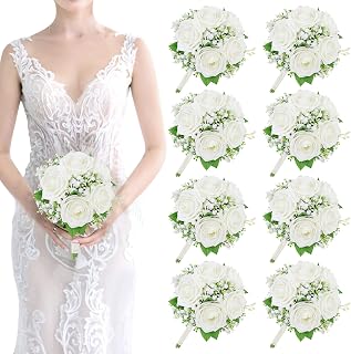 Artificial Bridesmaid Bouquets Set of 8 Bridesmaids Bouquet Ivory White Rose Babys Breath Pre-Made Silk Flower Bouquet for Wedding Bridal Shower Centerpiece Ceremony and Anniversary