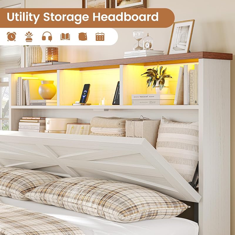VIAGDO Queen Bed Frame with 6 Drawers, Farmhouse Bed Frame with Barn Door Headboard and Storage, Wood Platform Bed Frame Queen Size with Charging Station and LED Lights, No Box Spring Needed, White image 4