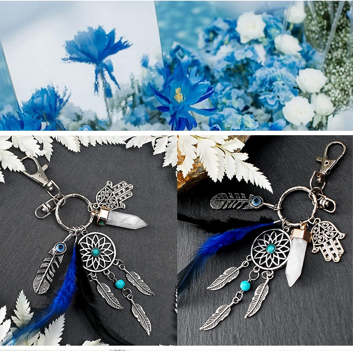 HEEPDD Dreamcatcher Keyring with Turquoise Hamsa Hand Charm, Silver Tone Metal Key Chain for DIY Jewelry Making, Crafts, Decorative Hanging image 3