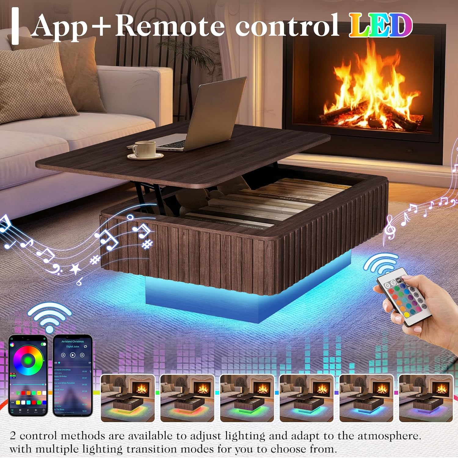 TITIMO Fluted Lift Top Coffee Table with Charging Station, Mid Century Modern Coffee Table with Hidden Storage and LED Light, Wood Dining Tables with Lifting Top for Living Room (Rectangular)