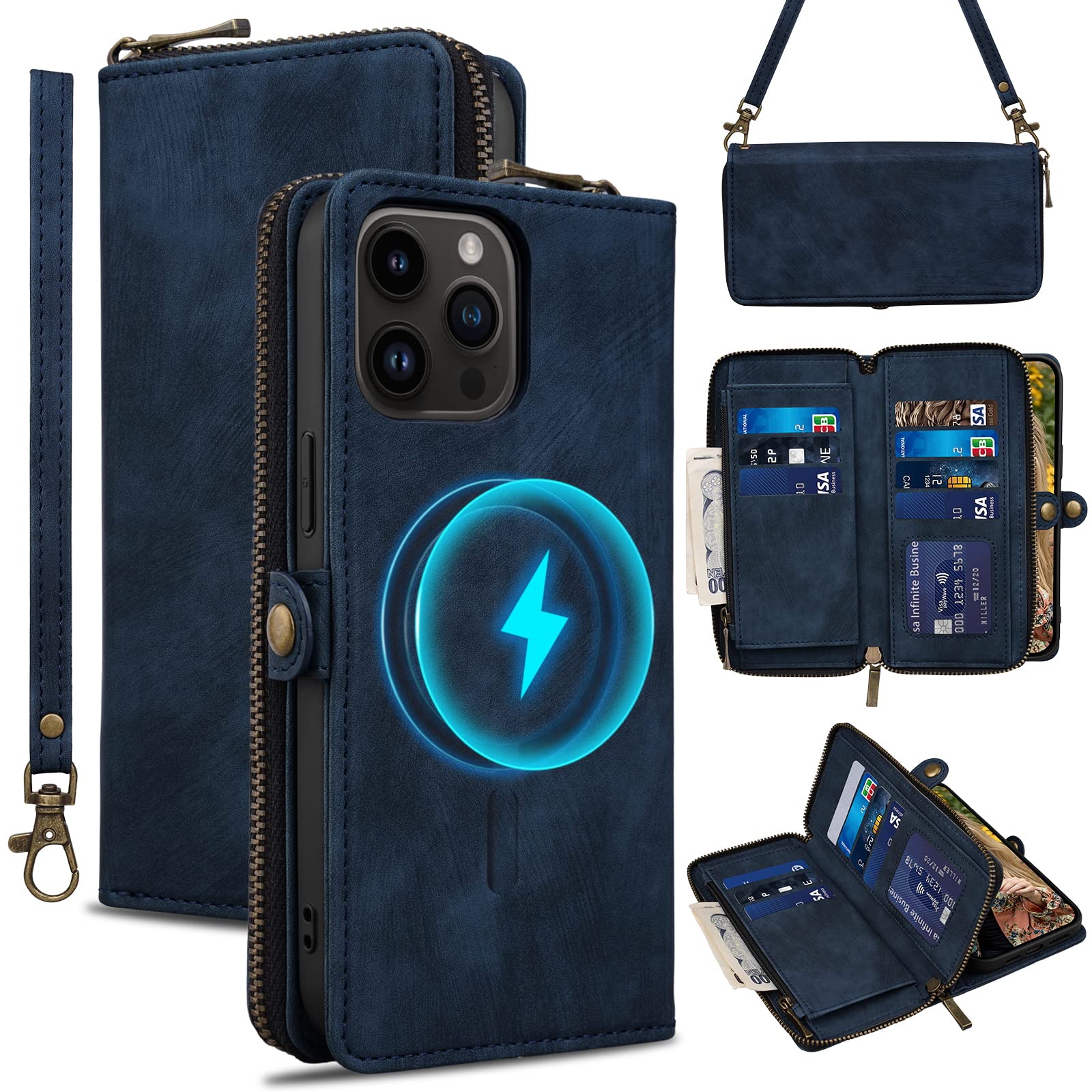 Rssvissfor iPhone 14 Pro Max Case Wallet Cover for Women Men, 【RFID Blocking】【Magsafe】 Credit Card Holder Leather Strap Zipper Wristlet Flip iPhone 14 Pro Max Case with Magnetic Shockproof 6.7" Blue