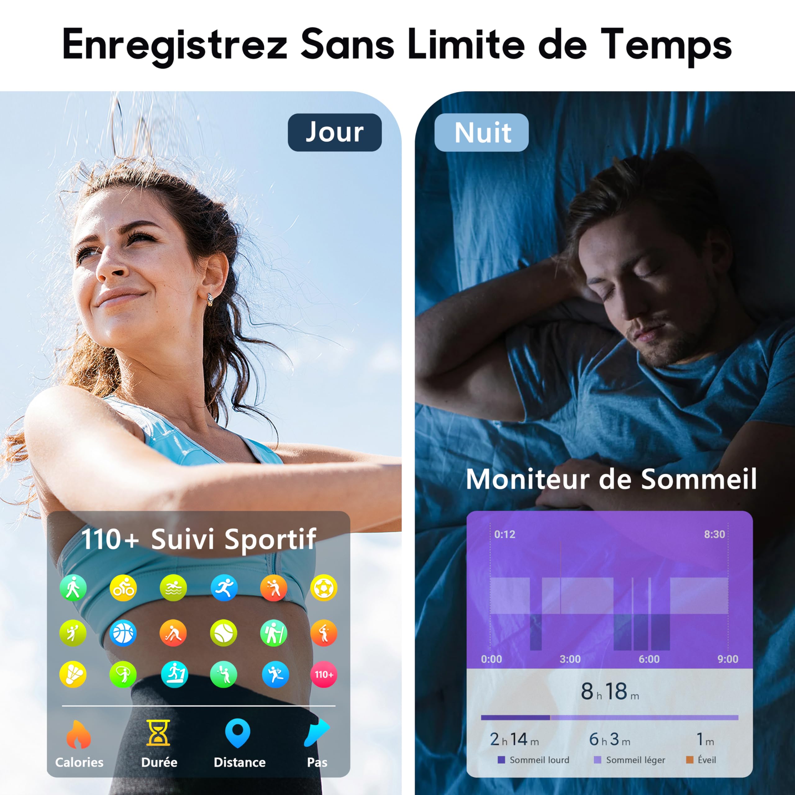 Popglory Montre Connectée Femme Homme, Smartwatch Cardiofrequencemètre Moniteur de Sommeil Pression Artérielle 100 Modes Sportifs Compatible Android iOS pour Homme Femme Montre Intelligente