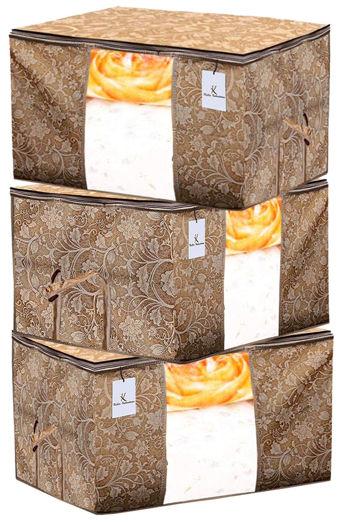 Kuber Industries Metalic Printed 3 Pieces Non Woven Fabric Underbed Storage Bag, Cloth Organiser, Blanket Cover with Transparent Window (Beige)-KUBMART2908-image-0