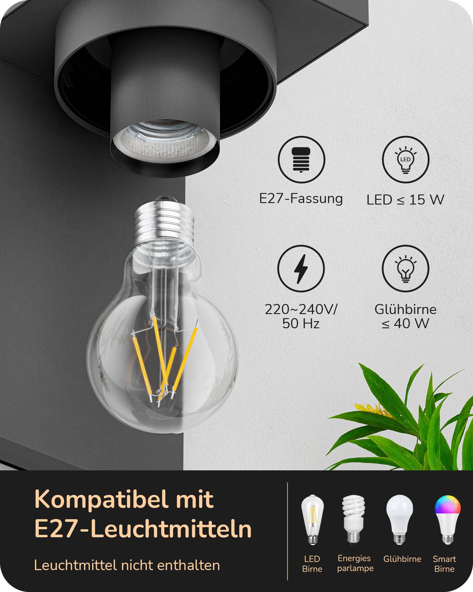 EDISHINE Außenwandleuchte mit Klarglas, E27, IP44, Anthrazit | Aluminiumgehäuse, ohne Leuchtmittel, für Hauswand, Garage und Vordach, 19,1 × 12 × 15 cm