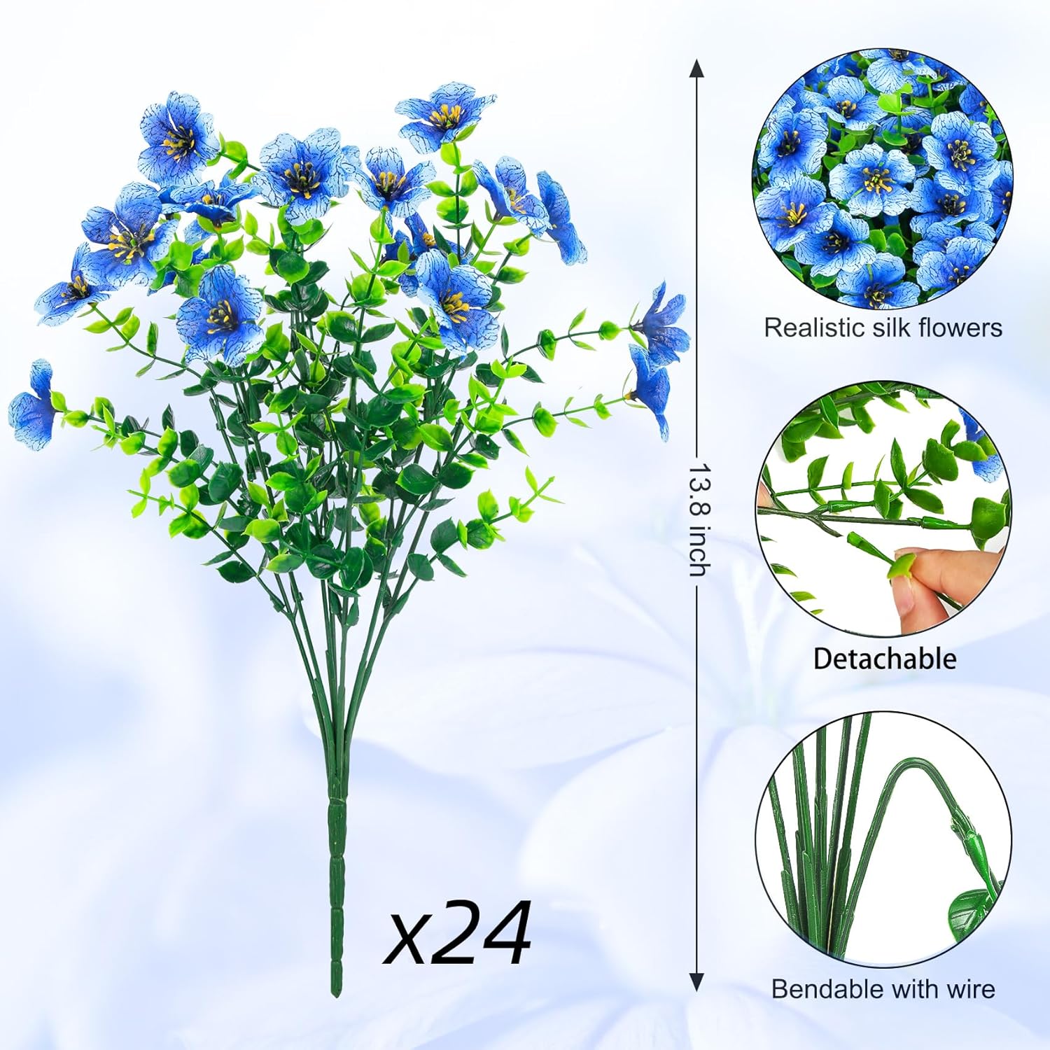 Ouddy Decor 24 Bundles Artificial Flowers for Outdoors Fake Silk Flowers UV Resistant Faux Plastic Plants for Spring Summer Garden Porch Window Box Table Vase Home Indoor Outdoor Decoration, Blue - Image 2