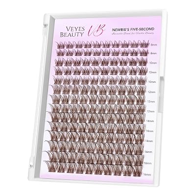 VEYESBEAUTY Brown Lash Clusters Individual Eyelash Extensions Thin & Invisible Band DIY False Eyelashes for Self-application Newbie's Five-Second Series Wispy Lash Tray, LuxeBold 8-16mm Mixed Length