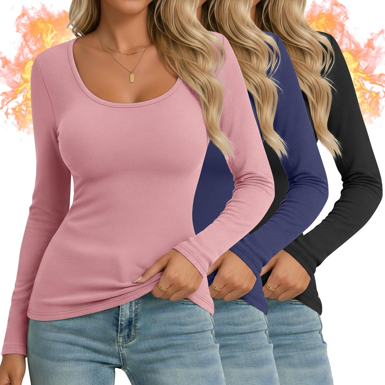 Ficerd 3 Pack Women's Thermal Long Sleeve Shirts Fleece Lined Scoop Neck Stretch Fitted Tops Winter Base Layer Underwear