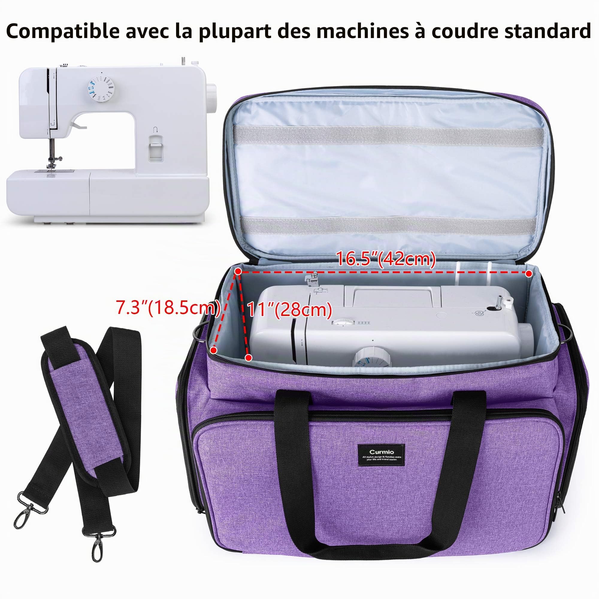 CURMIO Sac Machine à Coudre avec Pochette Amovible pour Accessoires, Violet | Étui Portable pour Plupart des Machines Standard, Fond Antidérapant, Bandoulière Amovible, Poignée de Transport, Sacoche Vide