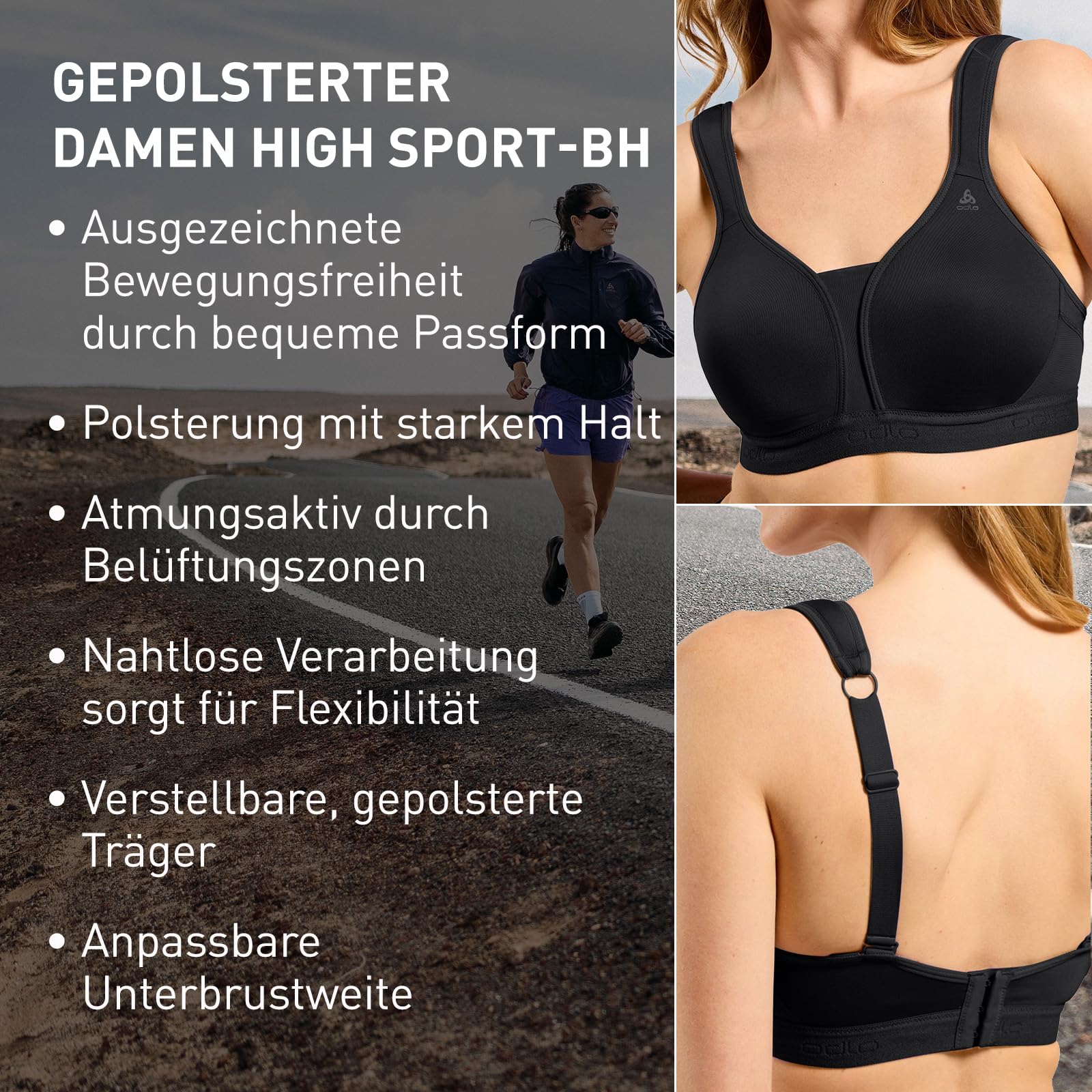 Odlo Sport BH Padded High I Sport BH Damen Starker Halt I Sports Bra Gepolstert High Support