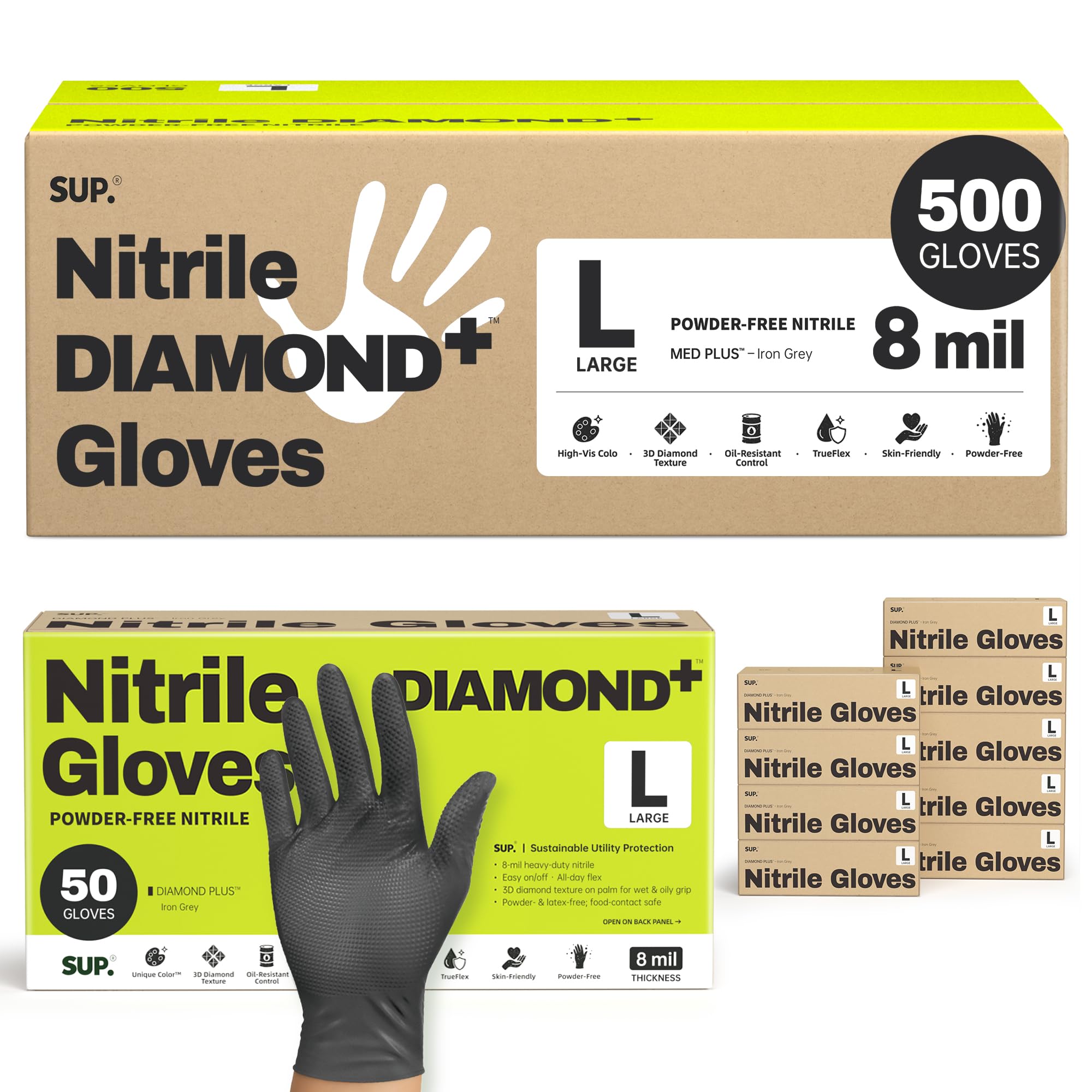 SUPER+ Disposable Nitrile Gloves, 8 Mil Diamond Powder-Free Latex-Free Food Safe Chemical Resistant Heavy Duty, Black 500 Ct
