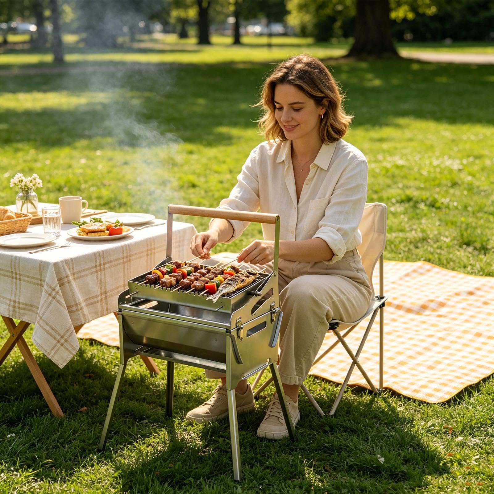 Griglia a carbonella portatile Rotazione A 360 Gradi Strumento Per | Fornello barbecue con griglia per picnic, giardino, spiaggia, campeggio, feste familiari,