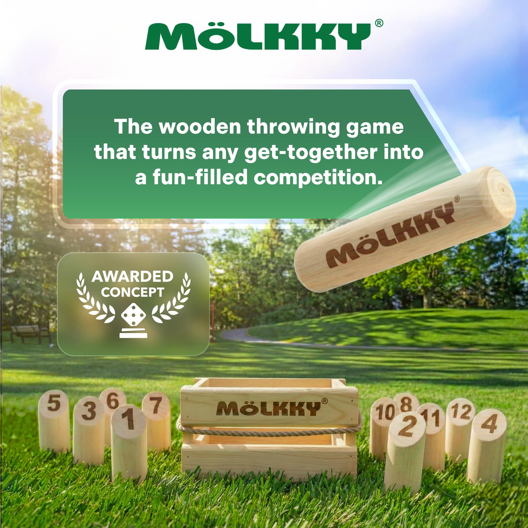 Mölkky Original - Birch Wood 12 Skittles, 1 Stick - Wooden
