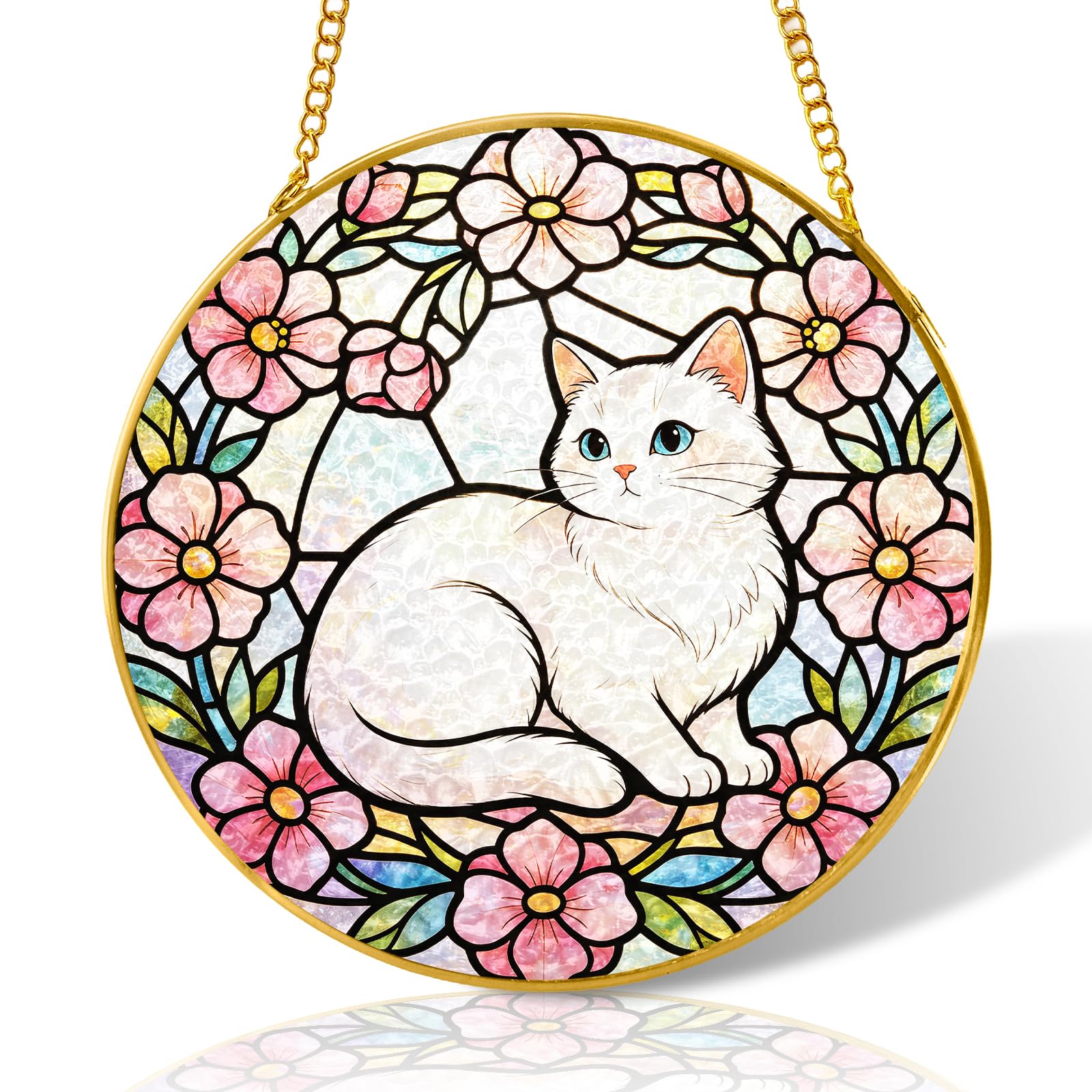 White Cat and Flower Stained Glass Suncatcher Windows Hanging,10 inch Stained Glass Ornament Home Decor,Suncatchers for Windows Hanging,Birthday Gifts for Women,Lovers,Friend(Gold)
