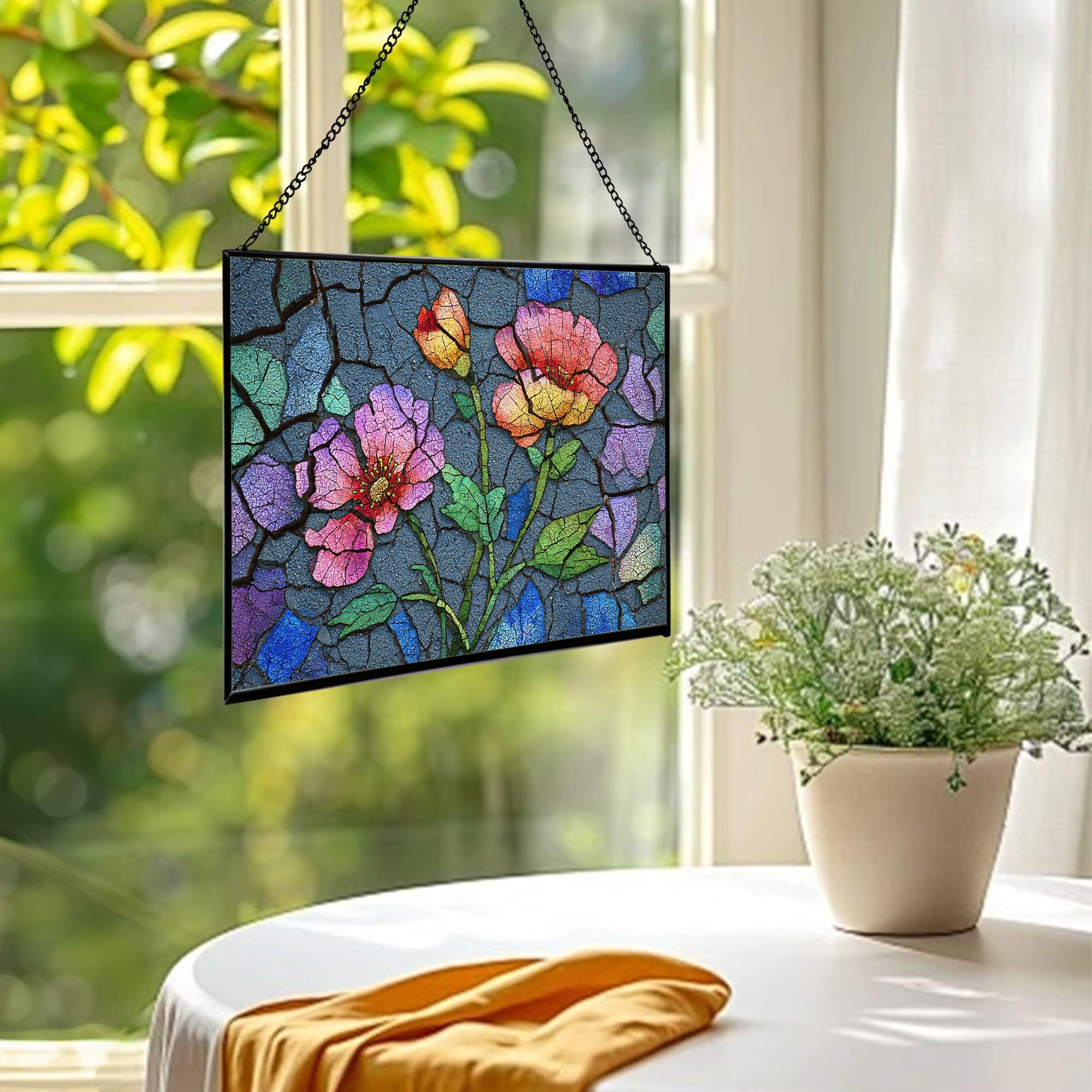 Wildflowers Pushing Through Cracked Pavement Rectangular Stained Glass Suncatcher – Hanging Window Panel with Animal & Nature Scene – Vibrant Glass Art Gift for Wildlife, Fantasy, Nature Lovers x6xMyR