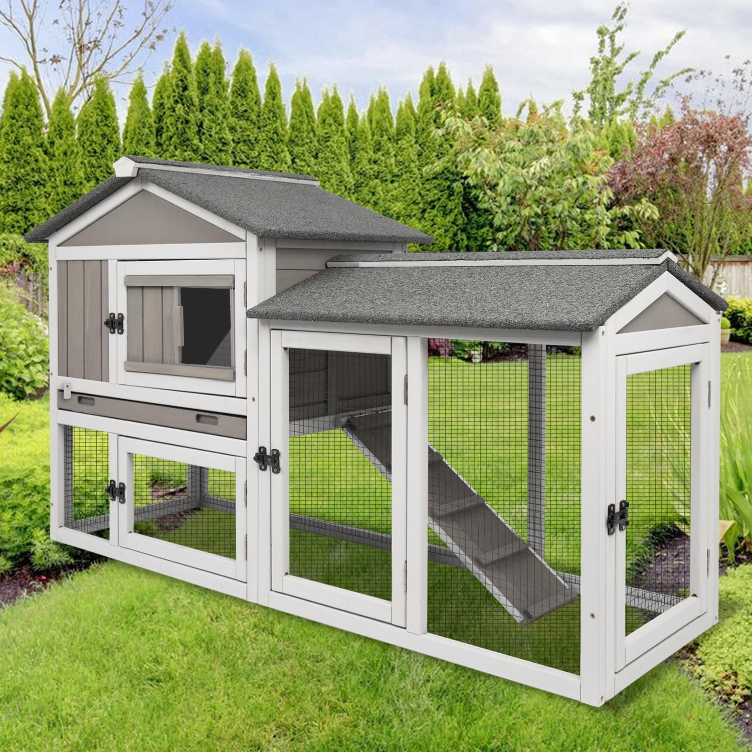 Ketive Rabbit Hutch Indoor Bunny Cage Outdoor Bunny Hutch with Pull Out Tray, Wooden Large Rabbit Cage with Run Weatherproof Roof, Guinea Pig Hutch (Grey, 55.1" L x 17.7" W x 33.4" H)