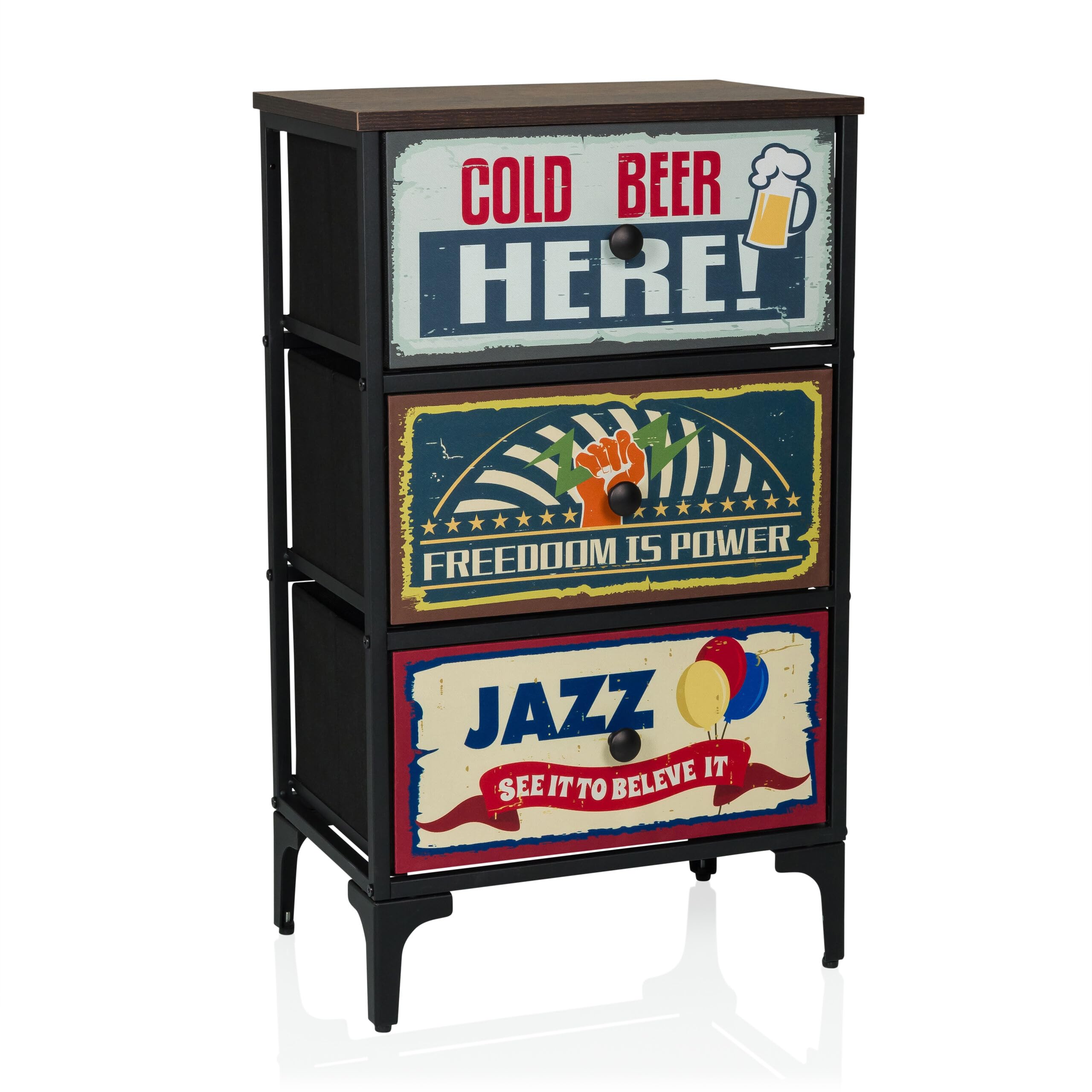 Cassettiera a 3 cassetti in pile AMERIKO S 77x30x45 cm, cassettiera in stile vintage con motivi, struttura in metallo