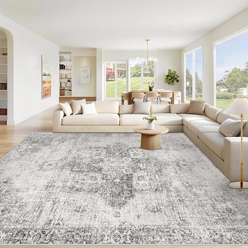 Area Rug 9x12 Washable Rug, Vintage Boho Medallion Rugs Non-Slip Soft Low Pile Large Distressed Rug Indoor Retro Carpet for Living Room Bedroom Dining Room Home Office (Grey, 9'x12')