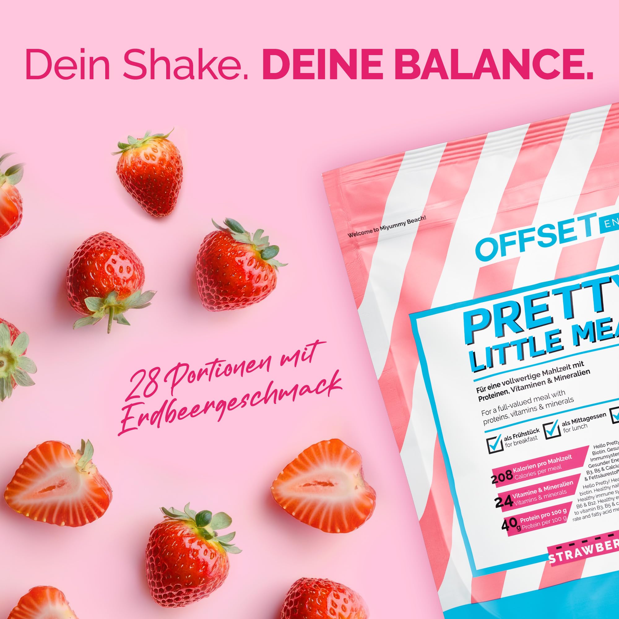 OFFSET Nutrition Abnehm Shake Strawberry Bay [nur 208 KCAL pro Shake] - 28 Portionen | Mahlzeitersatz | Diät Shake mit 24 Vitaminen & Mineralien | Glutenfreie Trinkmahlzeit