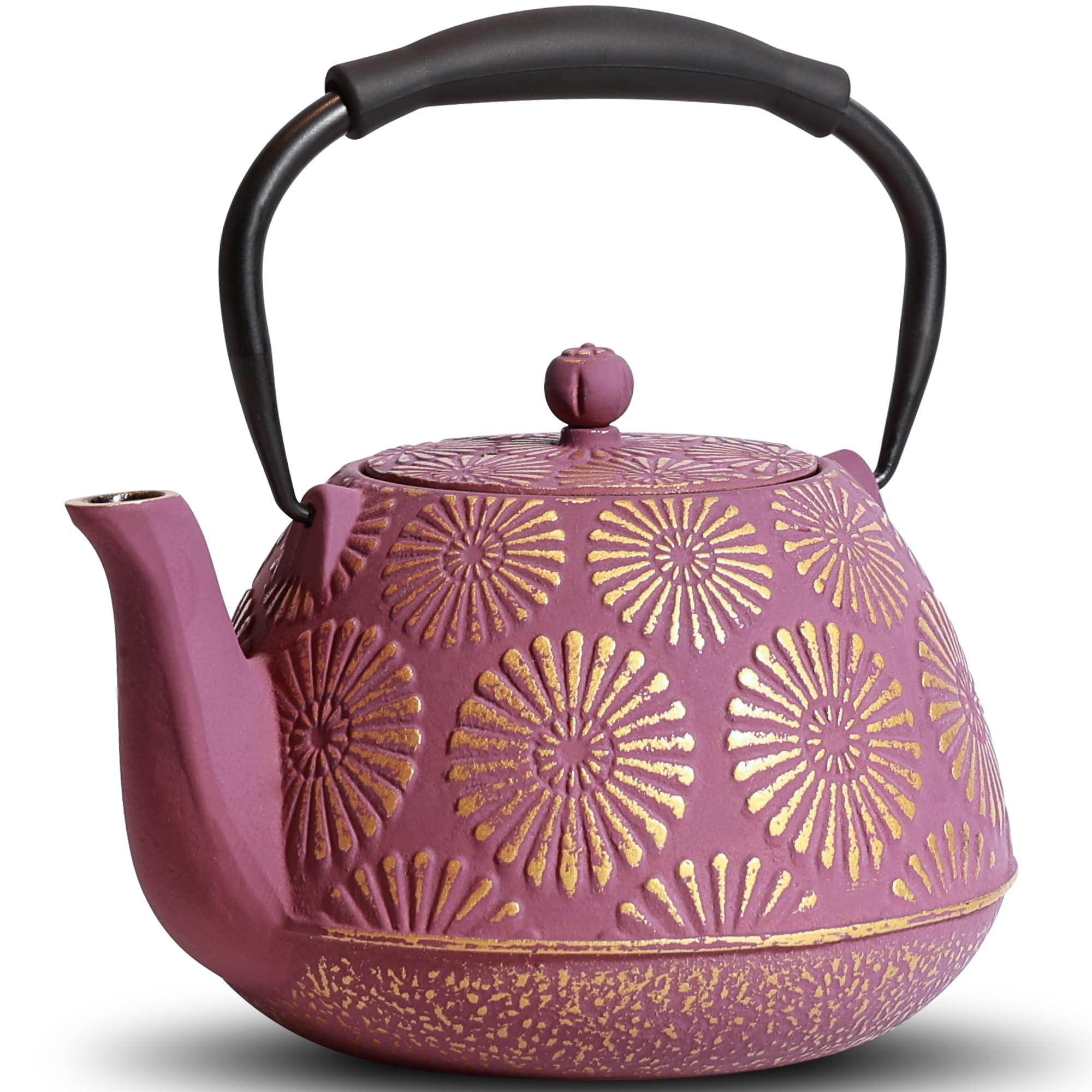 Tetera de hierro fundido, 1,134.0 g con infusor para estufa, diseño de Sakura, tetera japonesa para té y café recubierta con interior esmaltado, mango de silicona, 1200 ml, color morado