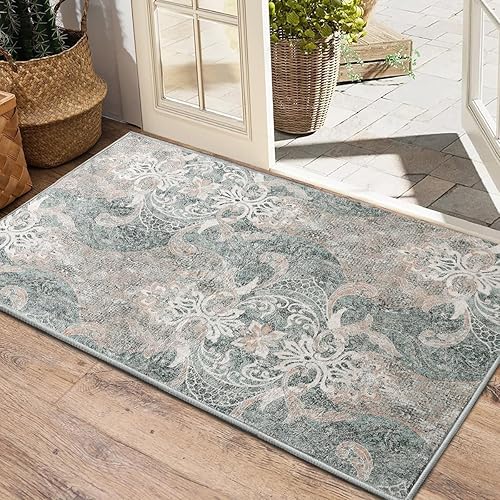 H.VERSAILTEX Bathroom Rugs Boho Damask Bath Rug 2x3 Washable Rug Indoor Entryway Vintage Rug Multi Print Retro Distressed Carpet Foldable Rug Lightweight Bathroom Kitchen Living Room Bedroom