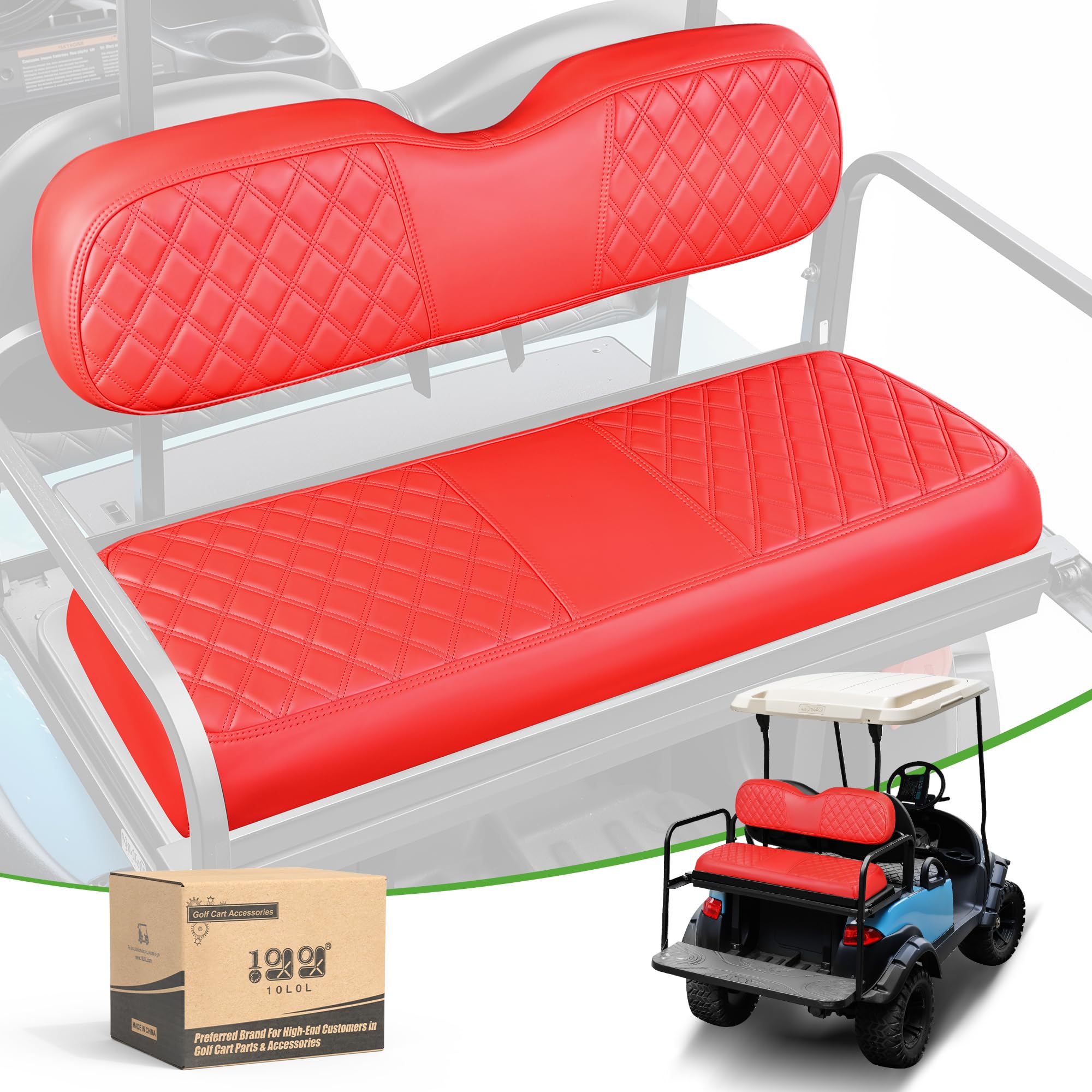 10L0L Golf Cart Universal Rear Seat Covers for Yamaha Club Car,EZGO,Diamond Pattern,Vinyl Leather with Adjustable Straps and Retractable Buckle, No Stapler Needed Red