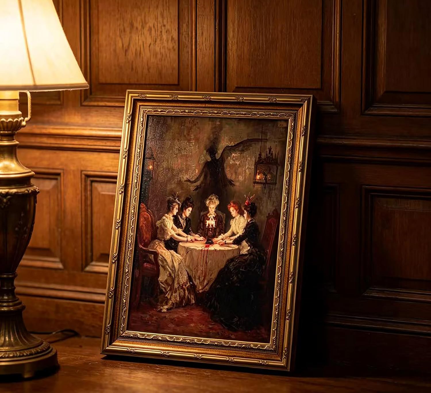Vintage Gold Framed Gothic Wall Art, Victorian Seance Witch Oil Painting Canvas Prints, Dark Academia Halloween Wall Decor, Spooky Witchcraft Poster, Undead Ghosts Artwork for Bedroom Living Room