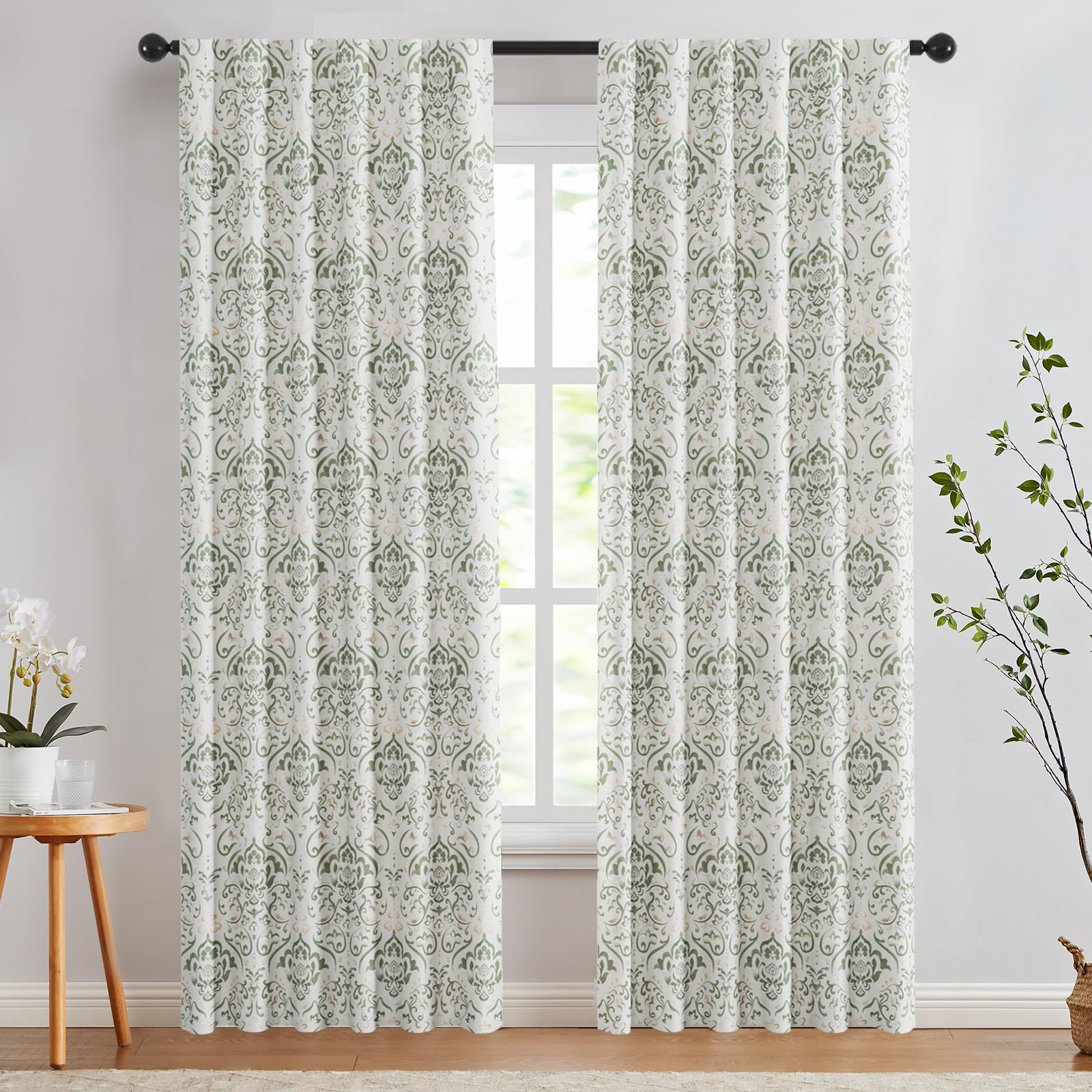 Lazzzy Lot de 2 Rideaux occultants à Isolation Thermique avec Languette arrière et Motif damassé Vert Sauge, 213,4 cm de Long pour Salon, Motif Floral à Motif médaillon, Ferme