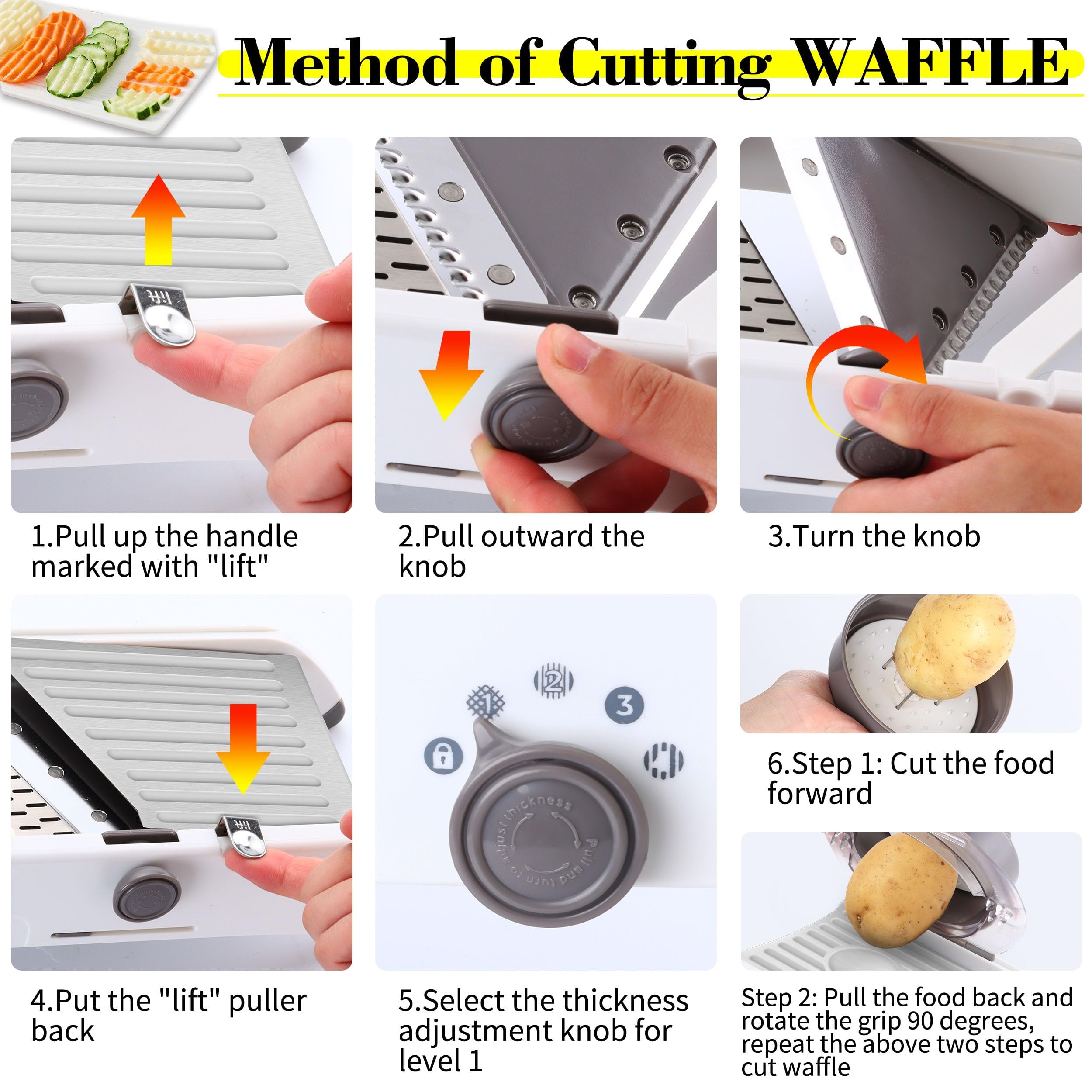 Gemüsehobel für Küche, Gemüsehobel aus Edelstahl, verstellbarer Gemüsehobel, Mandoline, Gemüsezerkleinerer mit Frittierschneider, Waffeleisen
