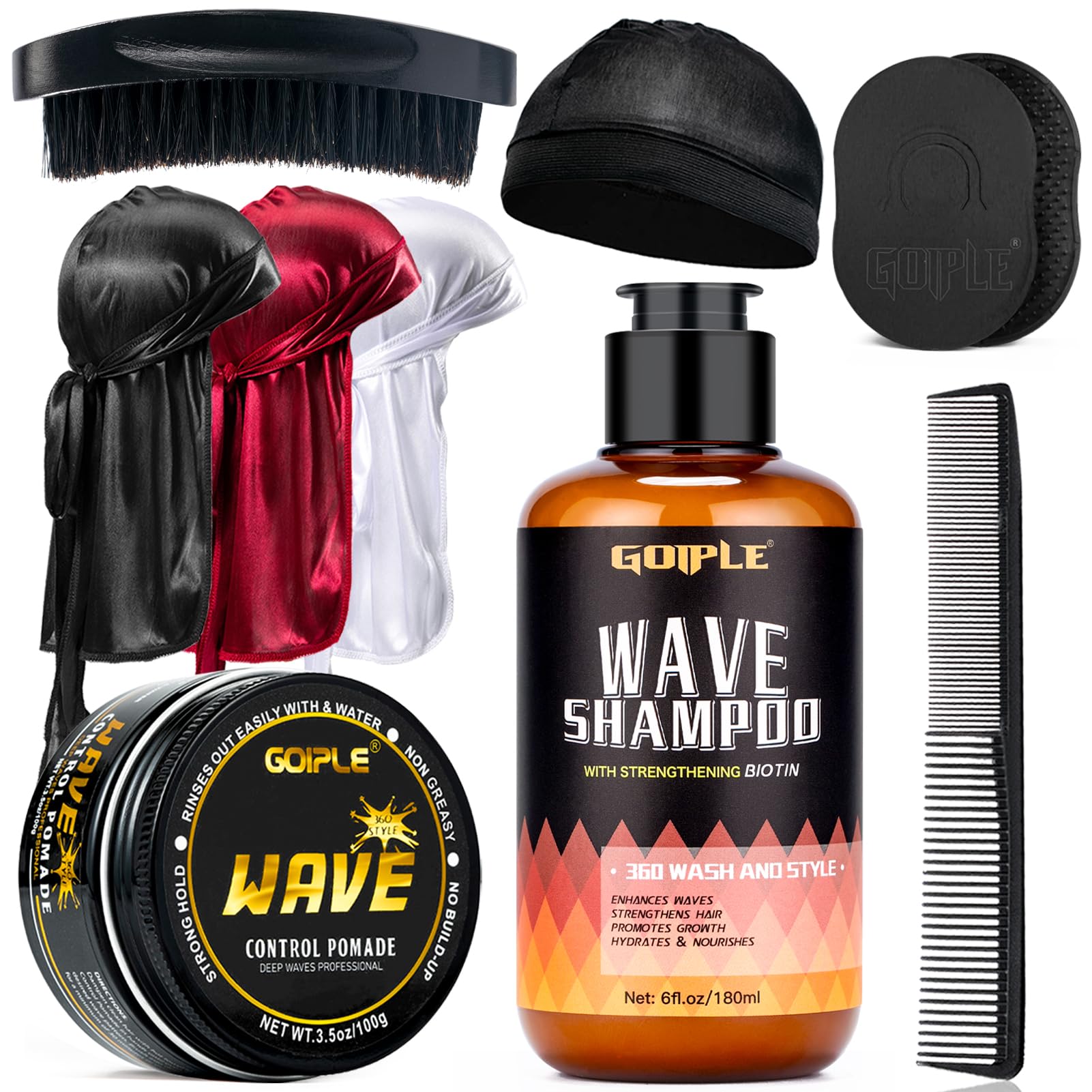 Wave Pomade per gli uomini Forte Tenuta Facile Lavaggio Crema Grasso, Shampoo Capelli Ondulati Idratazione Shampoo Promuove Onde Stratificate, Umidità, Spazzola Onde, Seta Du-rag Cap Set