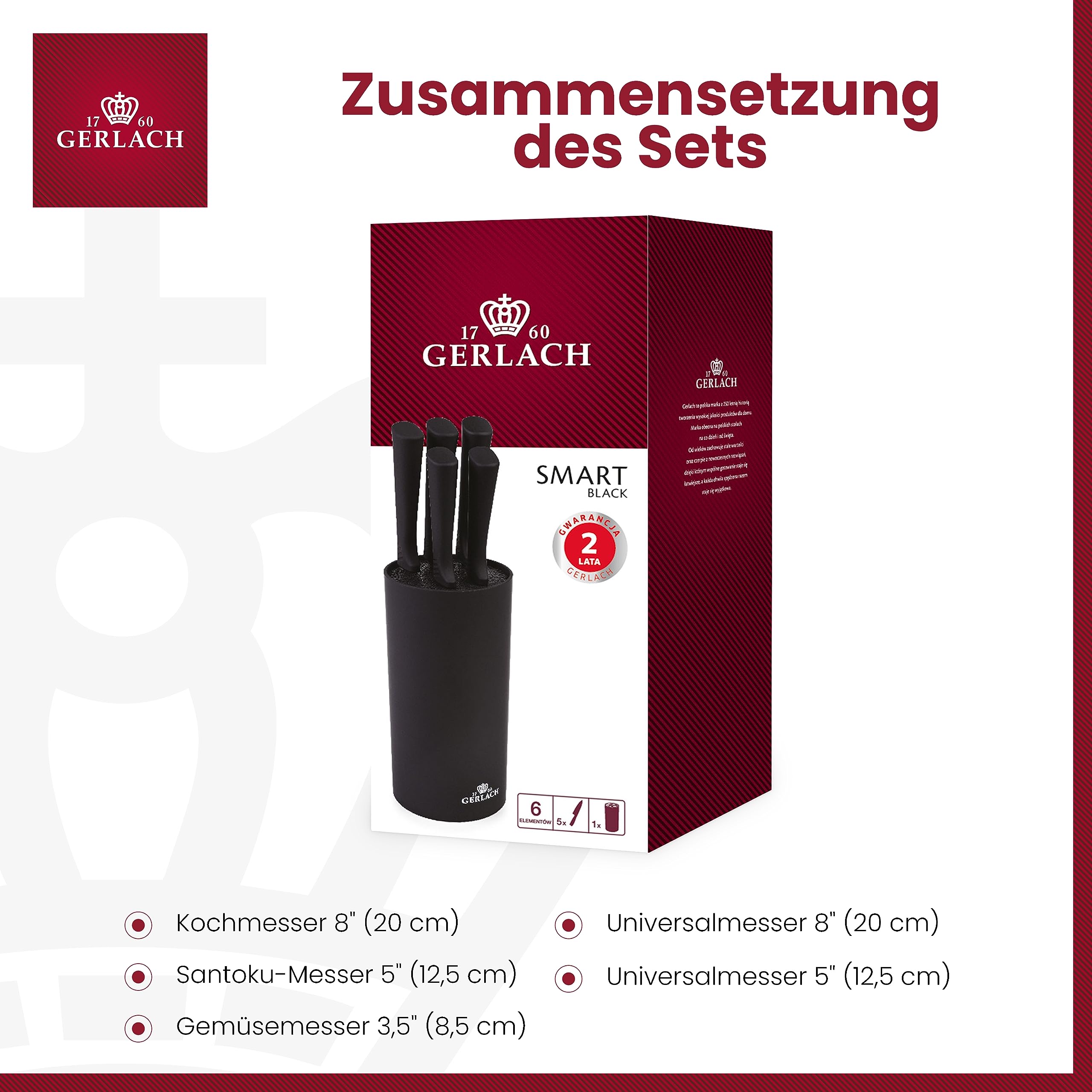 Gerlach Smart Black Messerblock Messerset Küchenmesserset 5 Messer aus Edelstahl Küchenmesser im Block Santoku Gemüsemesser Küche Küchenutensilien Küchenzubehör