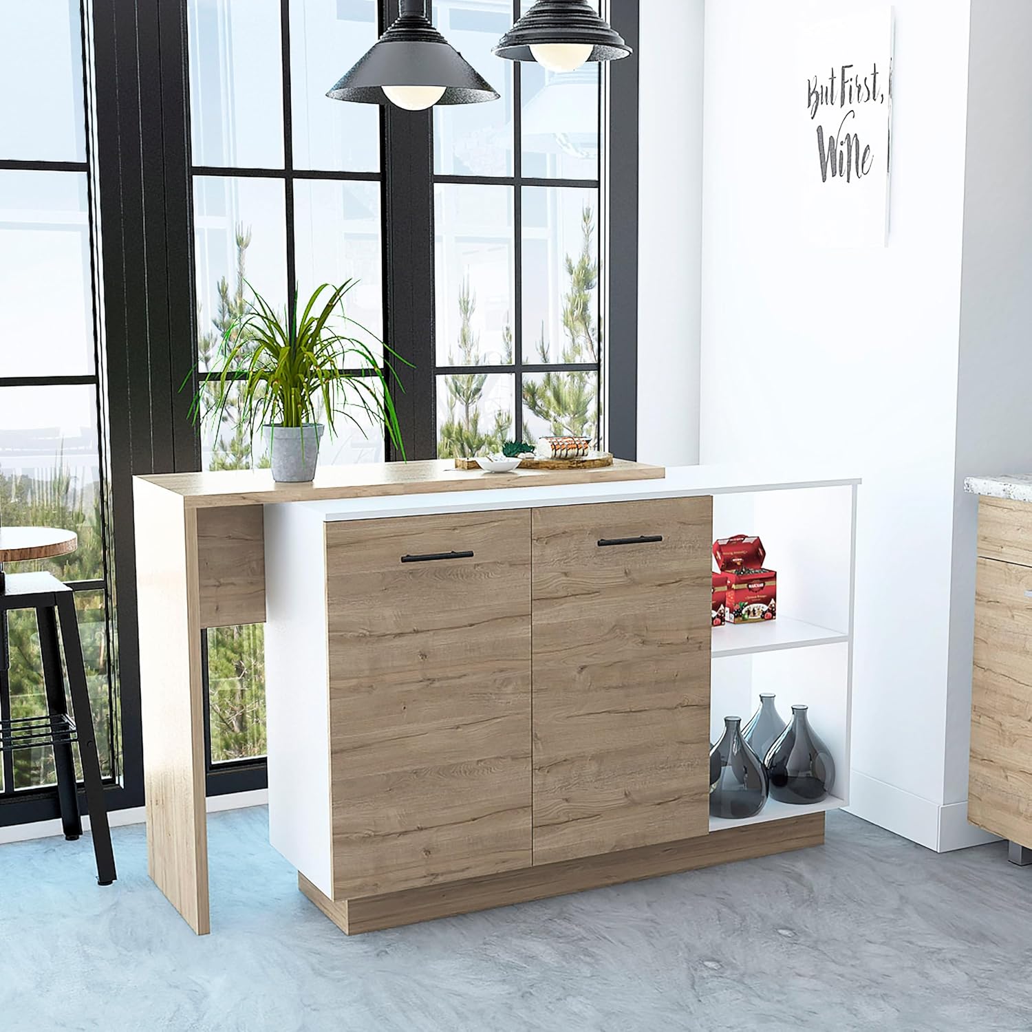 Tuhome Sicilia Kitchen Island with Two External Shelves, Double Door Cabinets, Three Interior Shelves, Ideal for Kitchen, Dining, and Storage Solutions