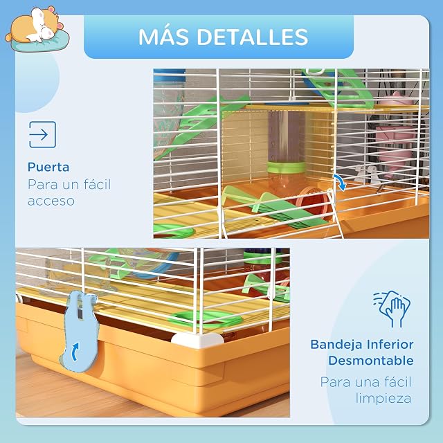 Foto 6 de 8 de PawHut Jaula para Hámster de 5 Niveles con Túnel Jerbos 46x30x58 cm Naranja