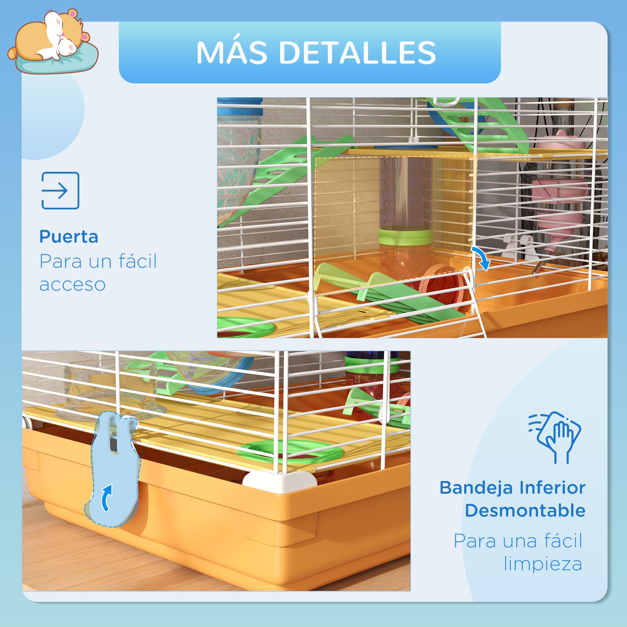 PawHut Jaula para Hámster de 5 Niveles, Casa para Roedores Pequeños con Túnel, Plataformas, Cuenco, Bebedero, Casita, Rampas y Rueda de Ejercicio, para Jerbos, 46x30x58 cm, Naranja