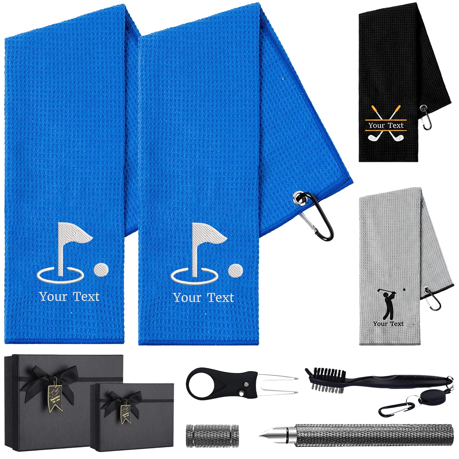 2Pcs Personalised Golf Towel, Microfiber Golf Gifts with Carabiner Clip, Embroidered Golf Gifts for Men, Custom Golf Towels, Multifunction Golf Towels, Absorbent Cleaning Towels (Blue-2 Pieces)