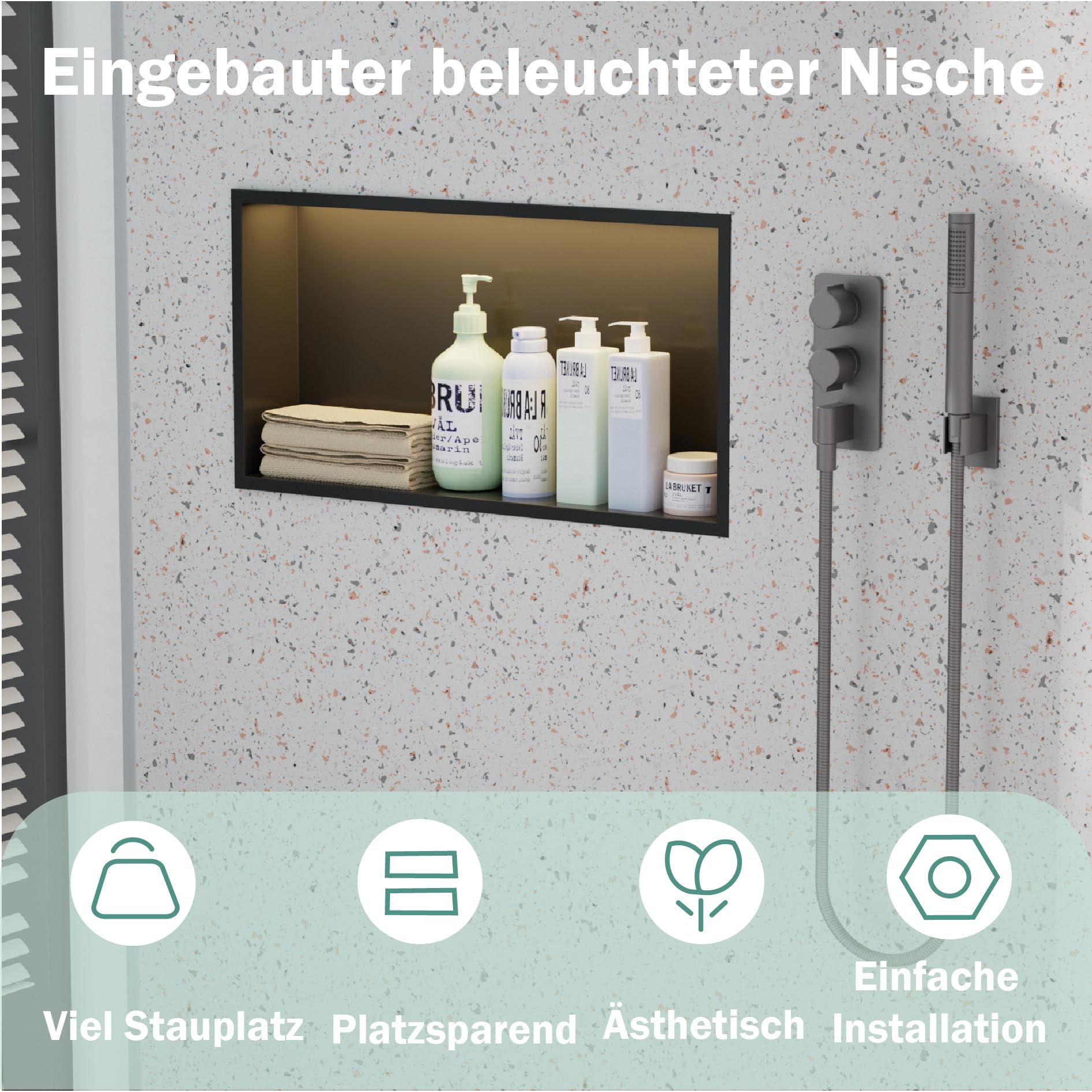 LED Edelstahl Einbaunische Wandnische für Dusche，Integrierte Fliesenlose Duschablage aus Rostfreiem Edelstahl, Badezimmer-Aufbewahrung für Shampoo & Duschgel (Matt schwarz, 60X30cm)