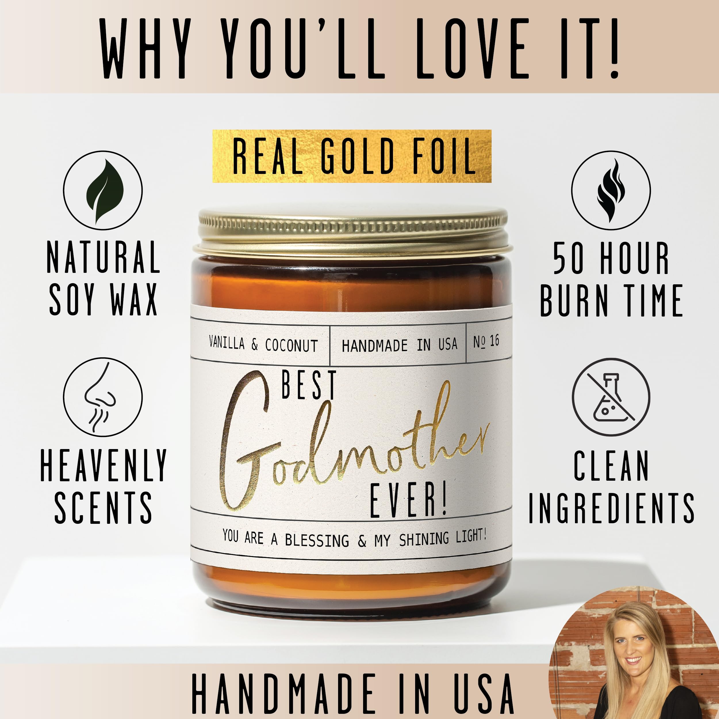 Godmother Gift - 'Best Godmother Ever!' Candle, w/Coconut & Vanilla - Godmother Gifts from Godchild I Godmother Proposal Gift I God Mother Gifts for Women I God Mom I 50Hr Burn, USA Made