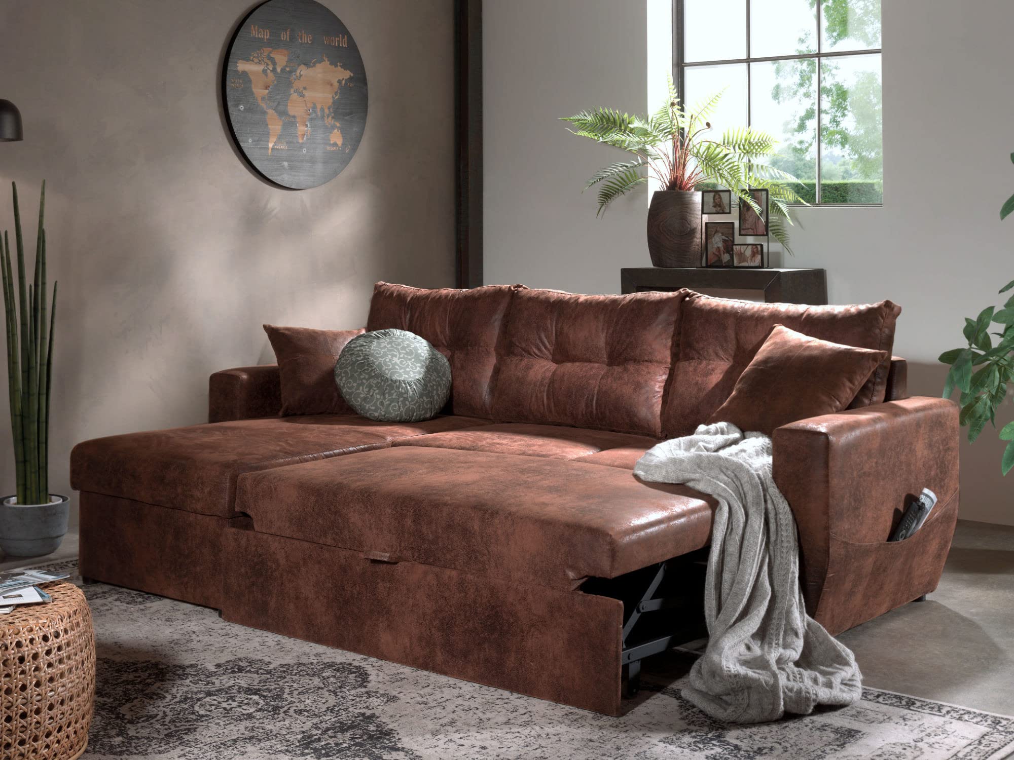 Bestmobilier Astoria - 4-Sitzer Ecksofa beidseitig montierbar - mit Schlaffunktion und Bettkasten - Industrieller Stil Braun