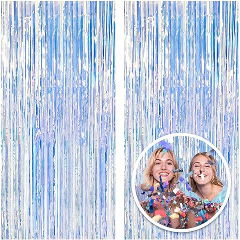 2 Pack Foil Curtain Backdrop Iridescent Metallic Tinsel Foil Fringe Curtains Photo Booth Props for Birthday Wedding Engagement Baby Shower Bachelorette Christmas Holiday Celebration Party Decorations